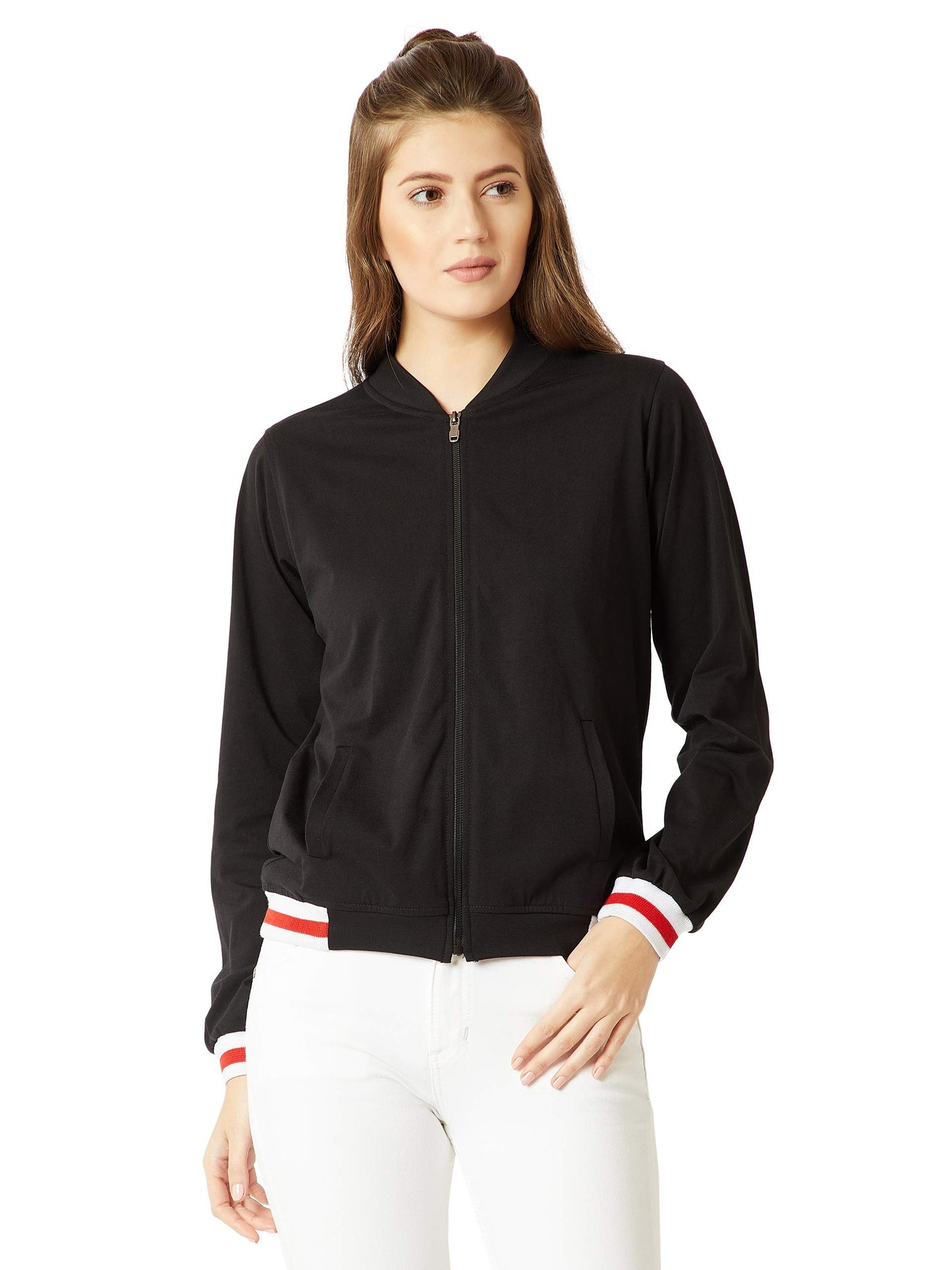 Miss Chase WomenS Black Cotton Bomber Jacket(Mcaw18Jkt02-56-62-05_Black_Large)
