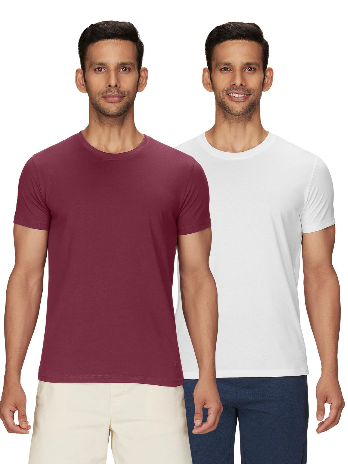 XYXX Mens Solid Regular Fit T-Shirt (XY_CR15_Tshirt_2_Bold Burgundy+Polar White