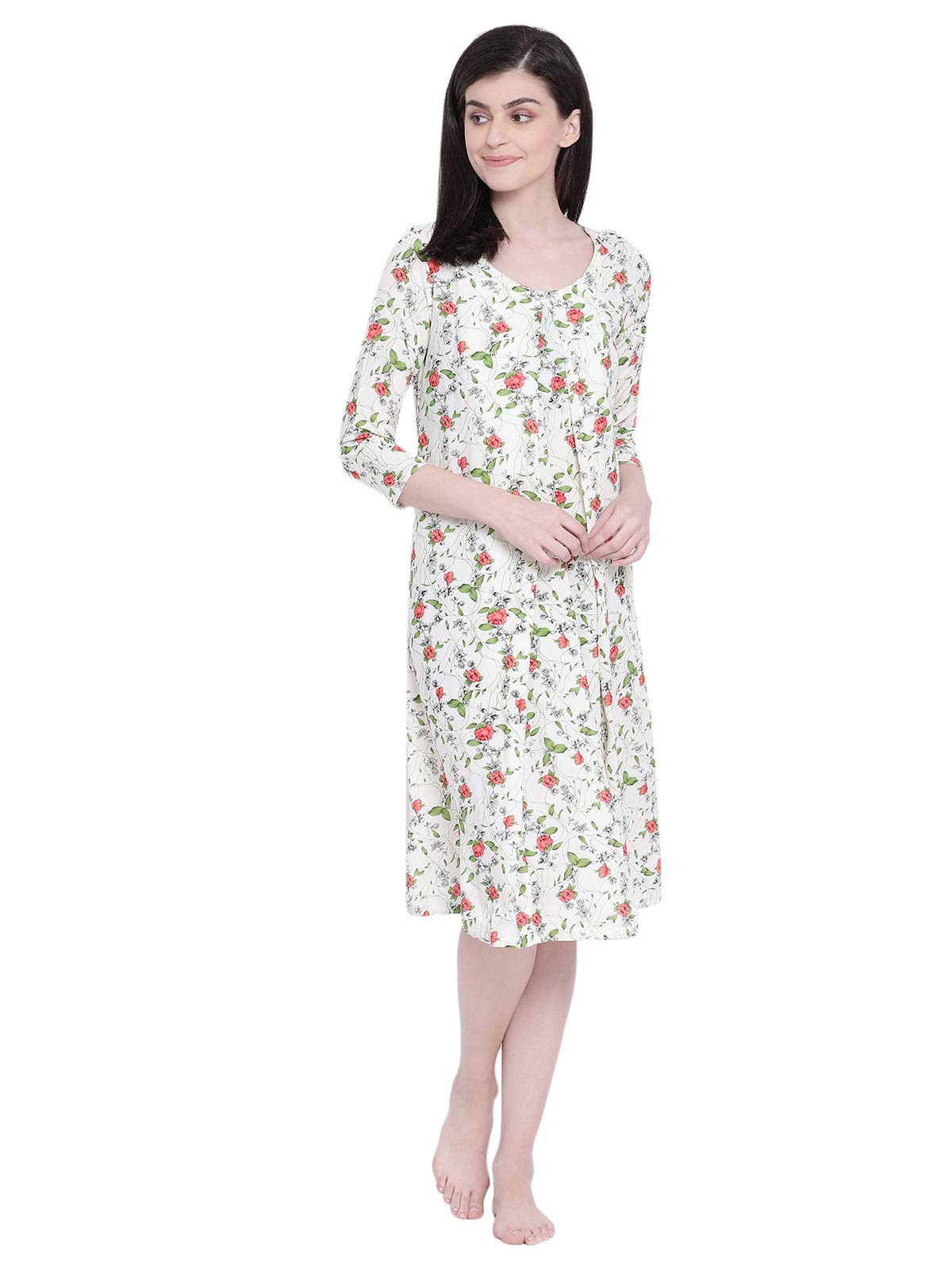 Clovia Womens Rayon Leaf Print Maternity Feeding Short Night Dress (NS1347P11_Beige_XL)