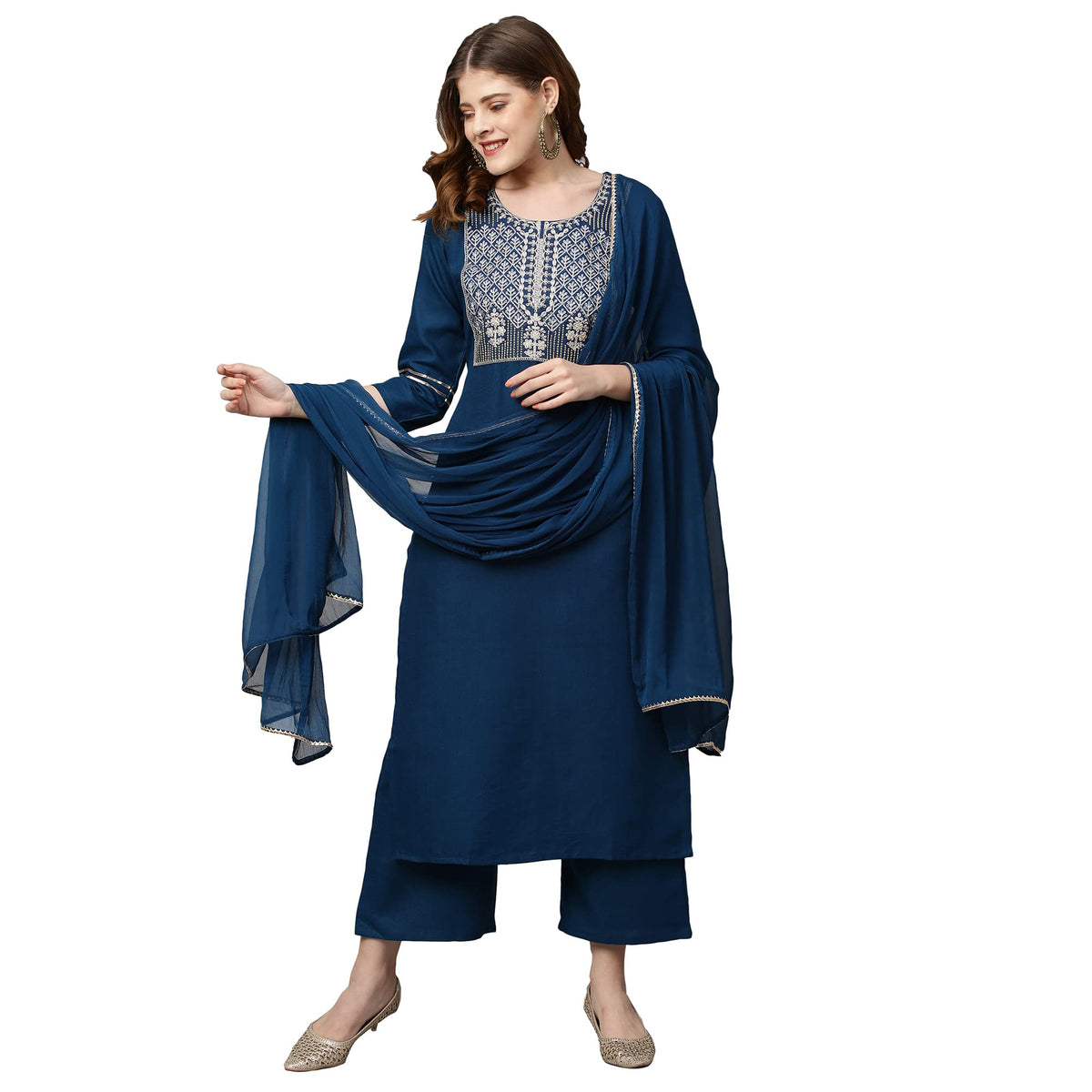 ANNI DESIGNER Womens Cotton Blend Straight Embroidered Kurta with Pant & Dupatta (Mahuni) Blue