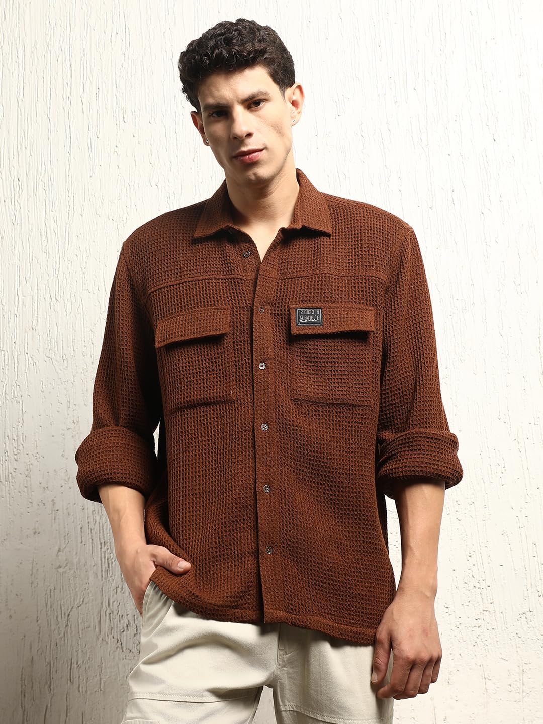 Hubberholme Men Summer Cotton Spread Collar Long Sleeves Oversized Casual Shirt 24 Brown