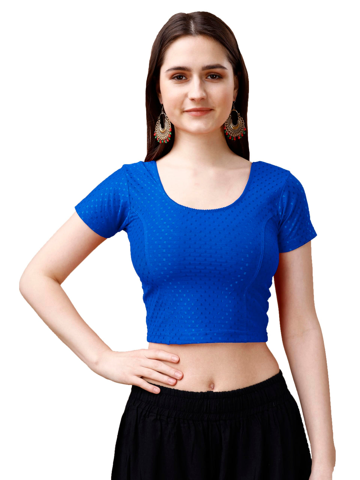Pujia Mills Womens Readymade Dobby Cotton Lycra Stretchable Round Neck Short Sleeve Blouse Fancy Royal Blue Color Lycra Stretch