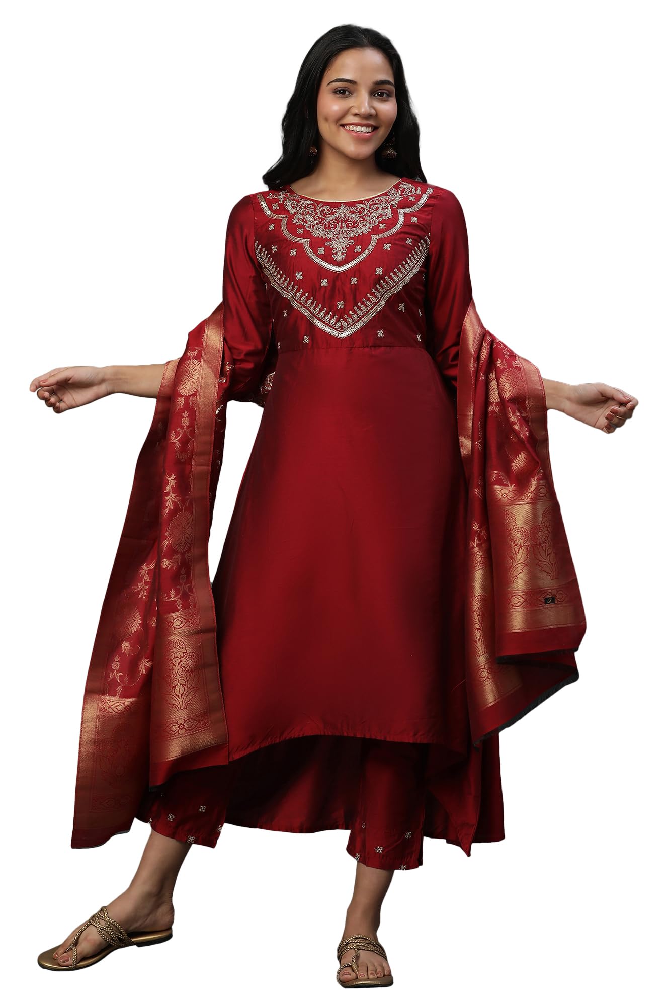 Aurelia Women'S Red Zari Embroidered Kurta, Pants And Jacquard Dupatta_23Aud14224-704233_Xl