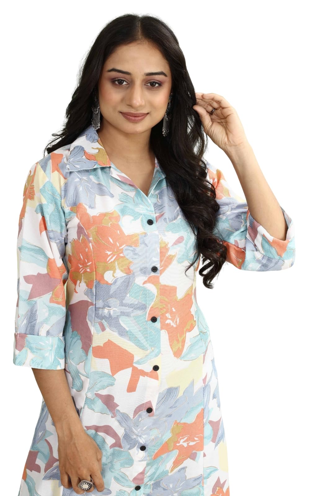 Kesudi A Line Dresses For Women Western Rayon Floral One Piece Dress For Women | Stylish Flared Roll Tab Sleeve | Knee Length Mi