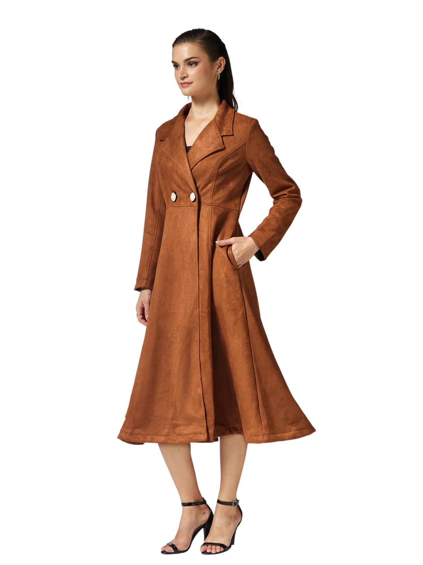 Miss Chase Womens Brown V-Neck Full Sleeves Side Pocketed Double Breasted Longline Jacket (MCAW25JKT99-69-59-05, Brown, L)