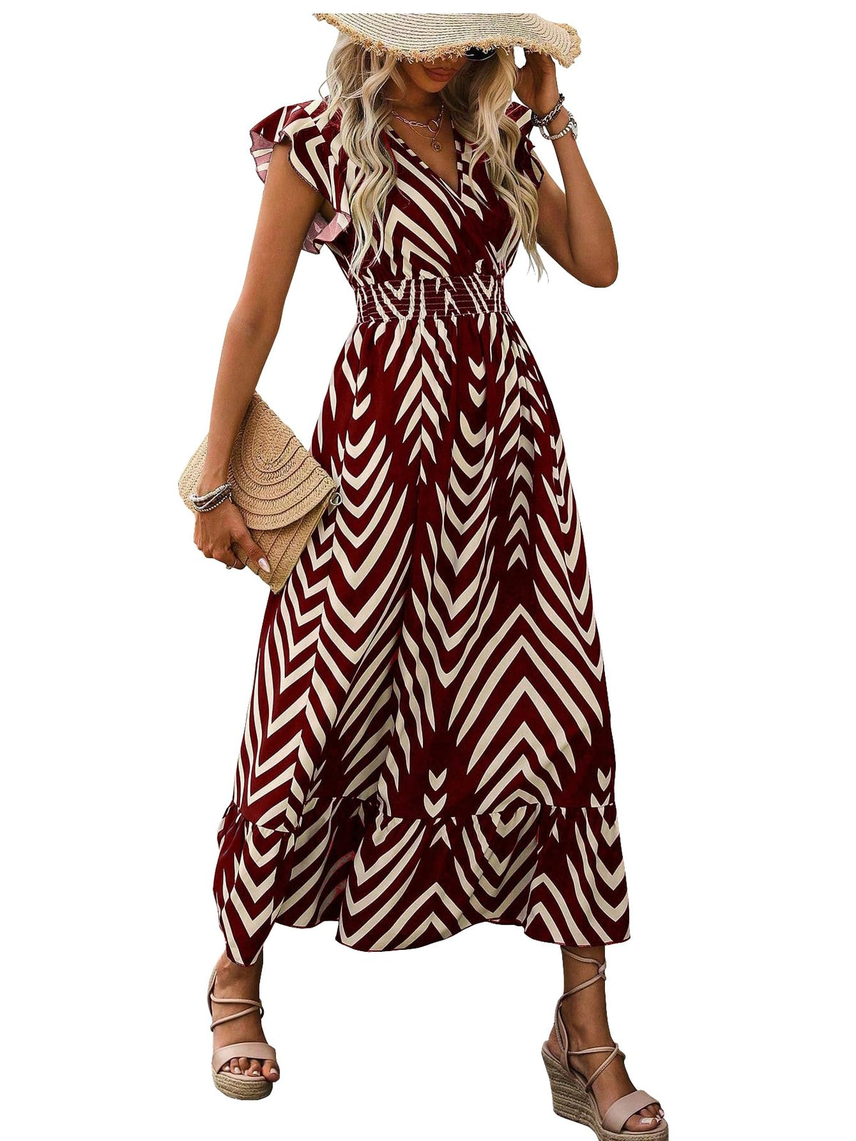 Shasmi WomenS & GirlS Maroon V-Neck Striped Printed Dress With Ruffled Hem And Belted Waist For Vacation, One Piece Dress For