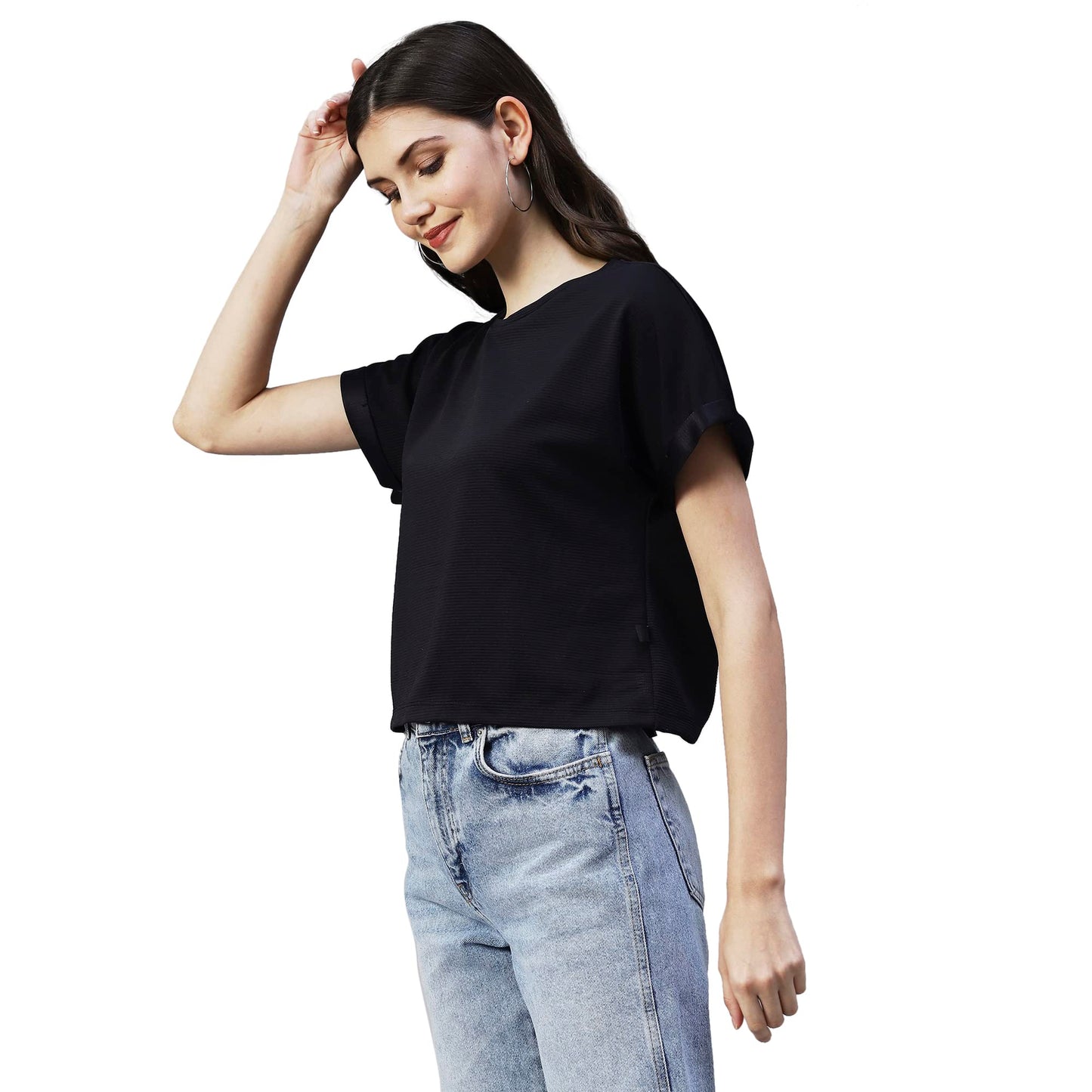 Rigo Women Black Cap Sleeves Poly Corduroy Crop Top