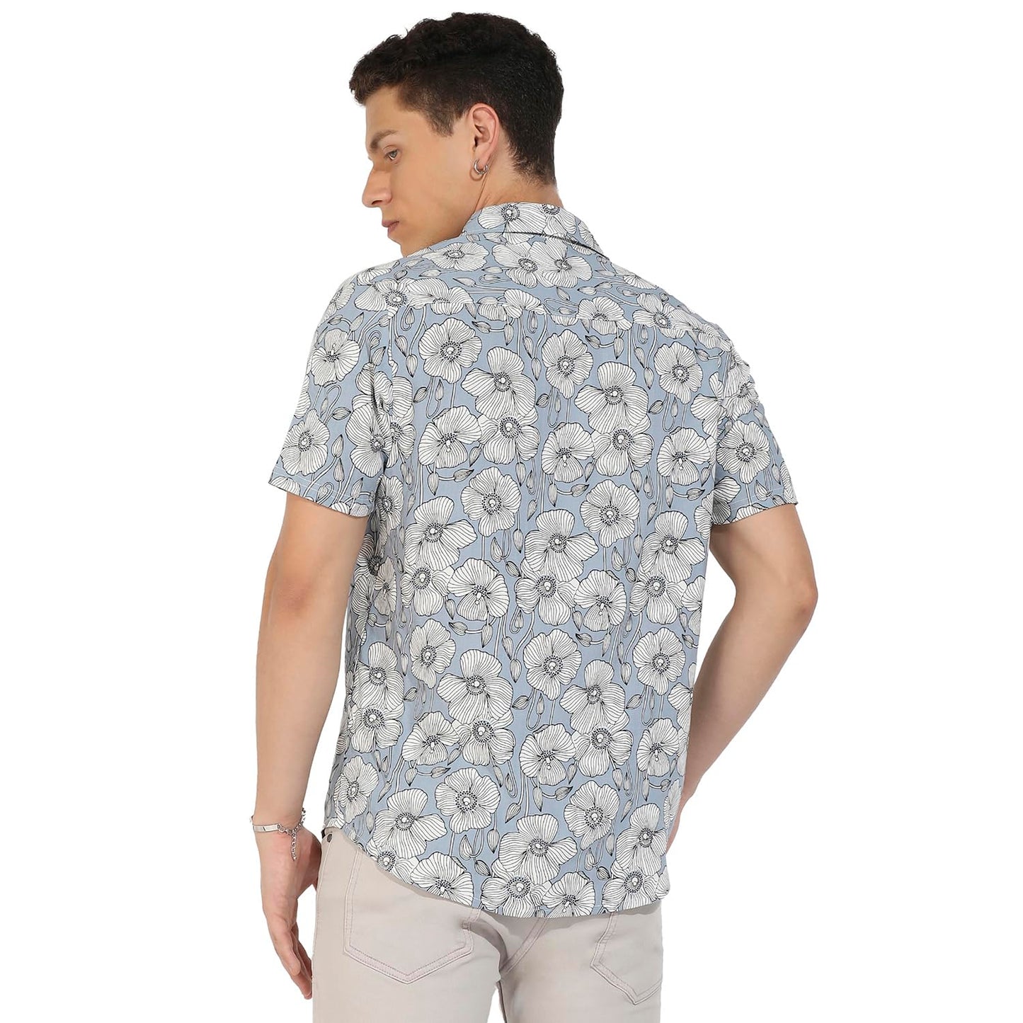Campus Sutra Mens ICY Blue Botanical Print Button Up Regular Fit Shirt for Casual Wear | Heavy Rayon Spread Collar Shirt Crafte