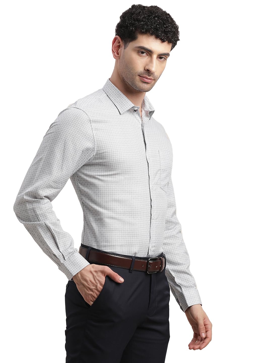 Turtle Men Grey Printed Full Sleeve Regular Fit Cotton Tencel Formal Shirt