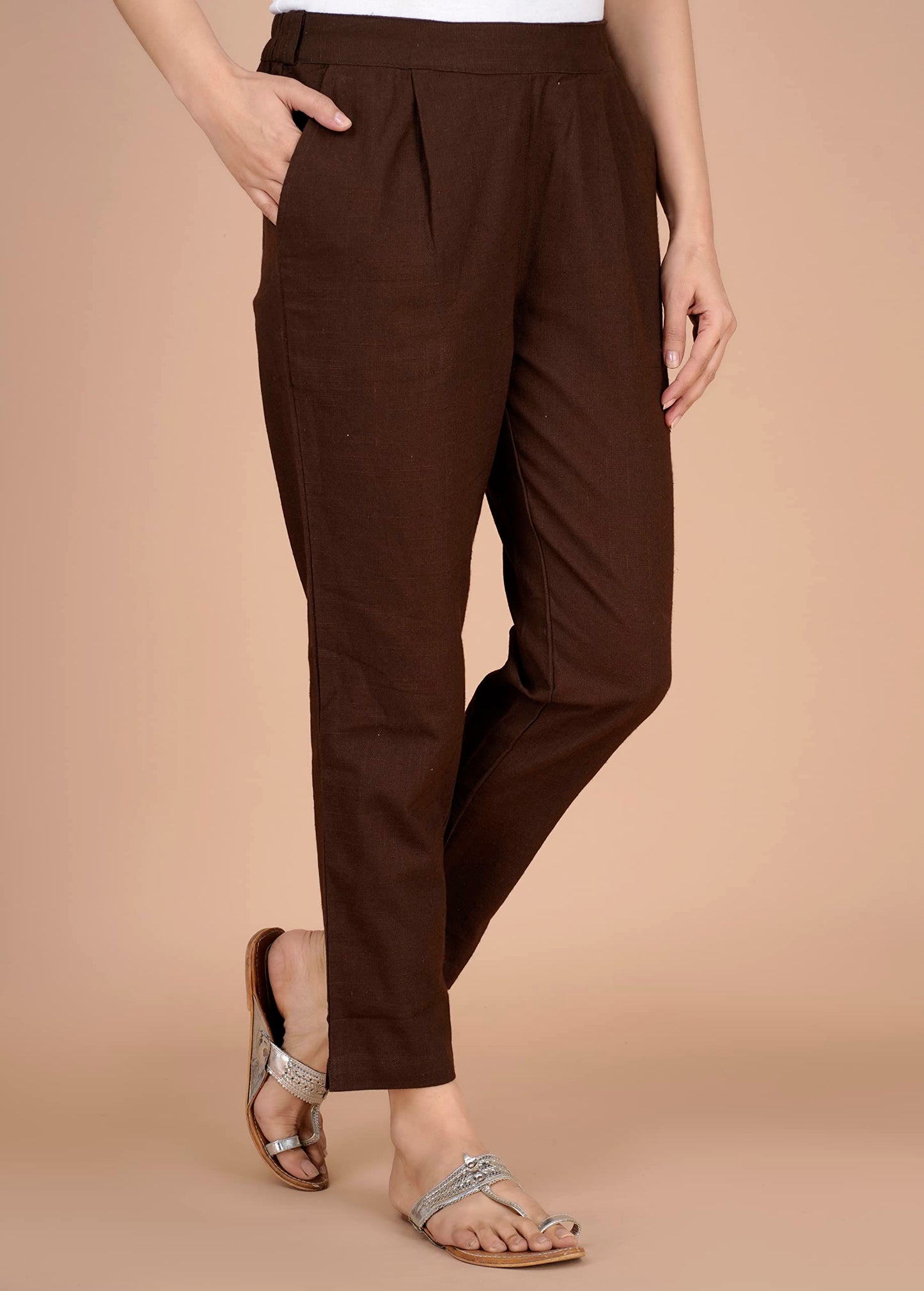 Digital Shopee Cotton Women Trouser Pant Use For Formal Office High Waist For Wide Leg Ankle Length Straight Pencil Pant (Brown_
