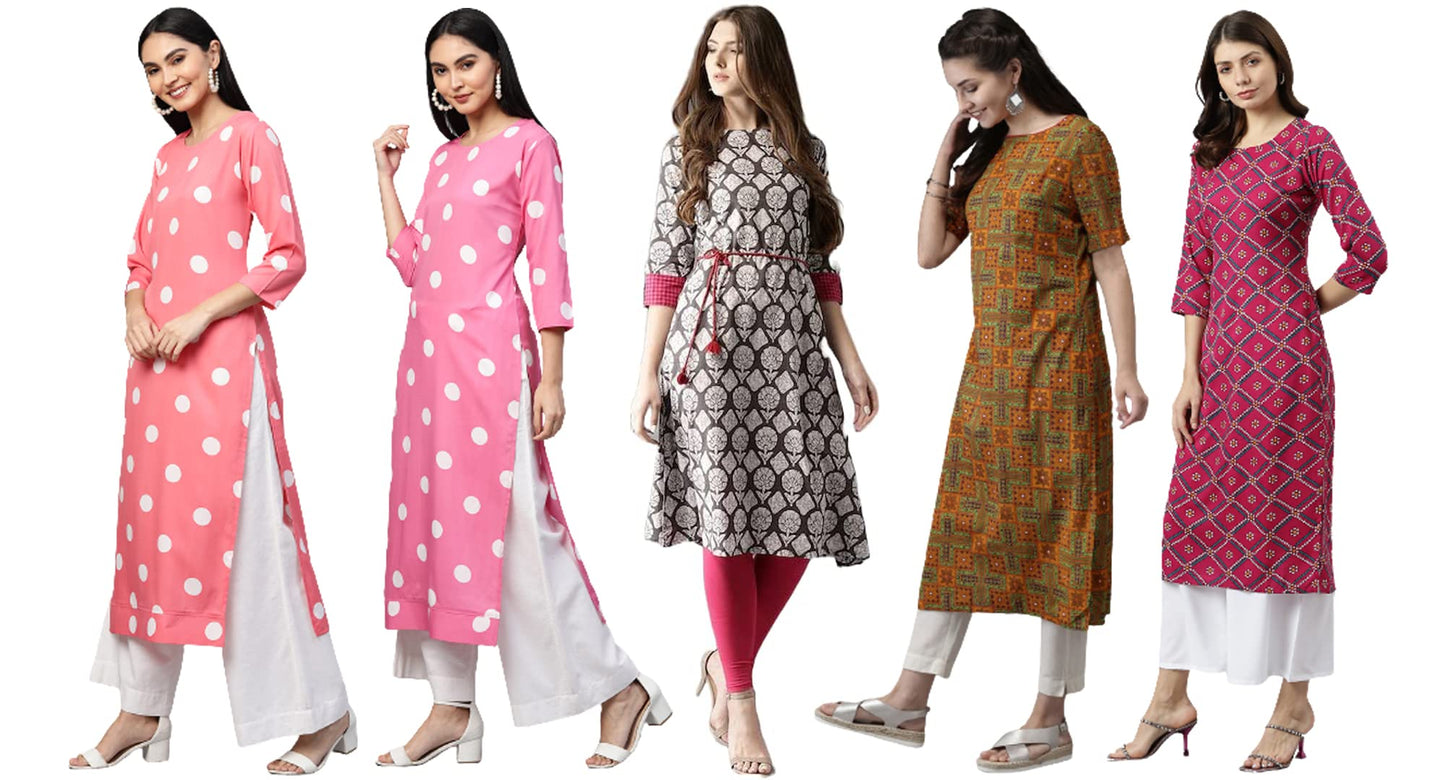 ANNI DESIGNER Women's Crepe Straight Printed Kurta Pack of 5 (Crepe-Combo-NW_012)