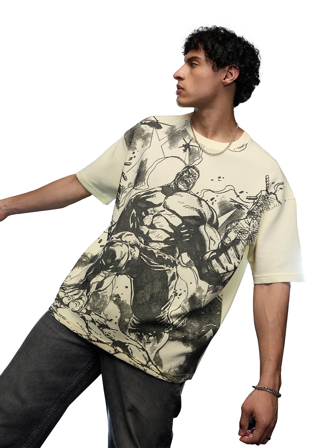 The Souled Store Hulk: Smashin Sketch 6.2 Men and Boys Short Sleeves Round Neck Off White Graphic Printed Cotton Oversized T-Sh