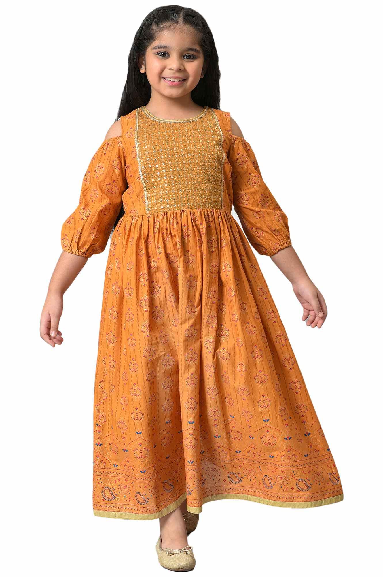 Aurelia Girl's Mustard Cotton Floral Printed Flared Dress_22AUG10291C-506266_12-13