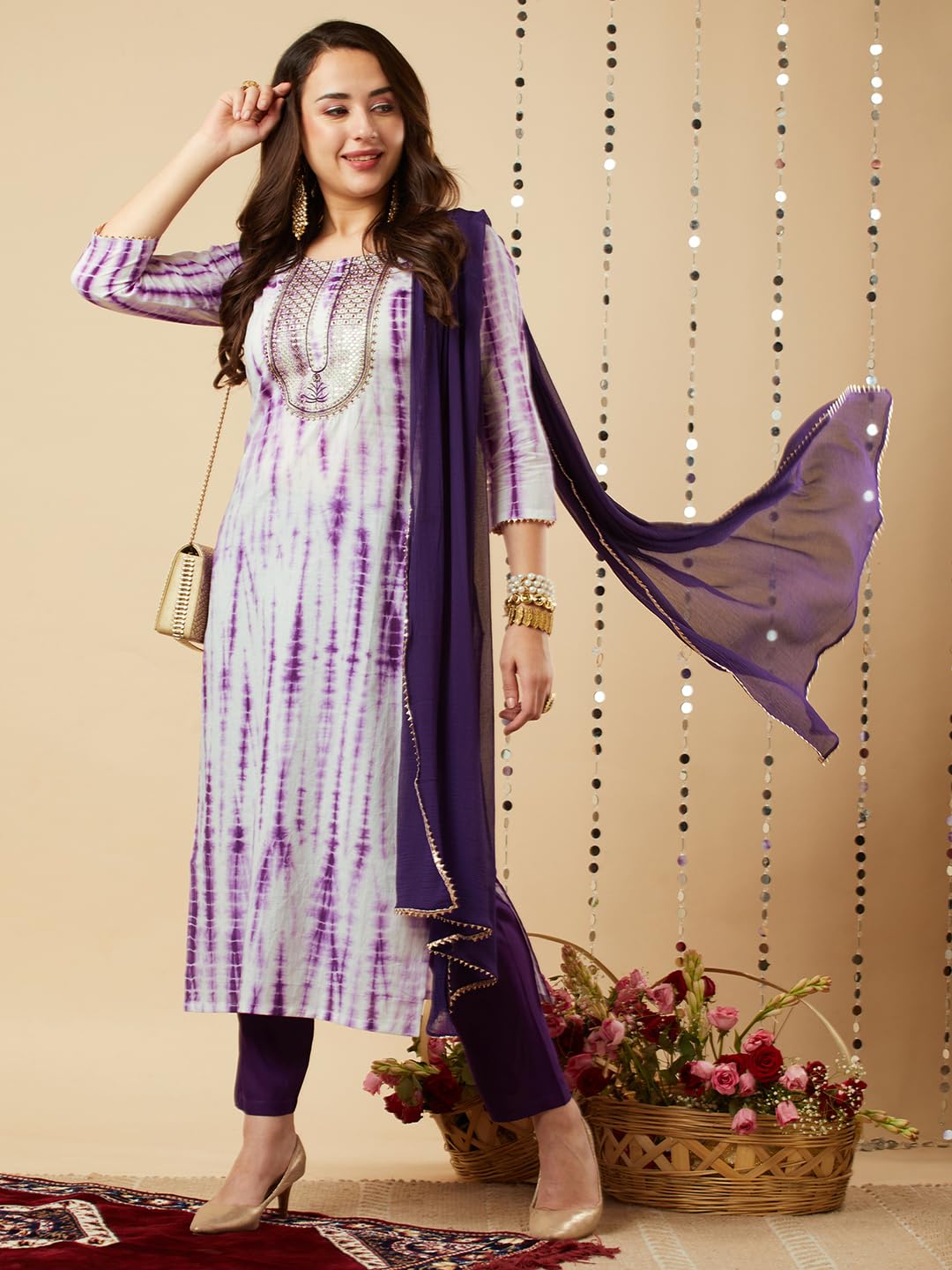 ANNI DESIGNER Women s Rayon Viscose Print Straight Kurta with Pants & Dupatta, purple, 44