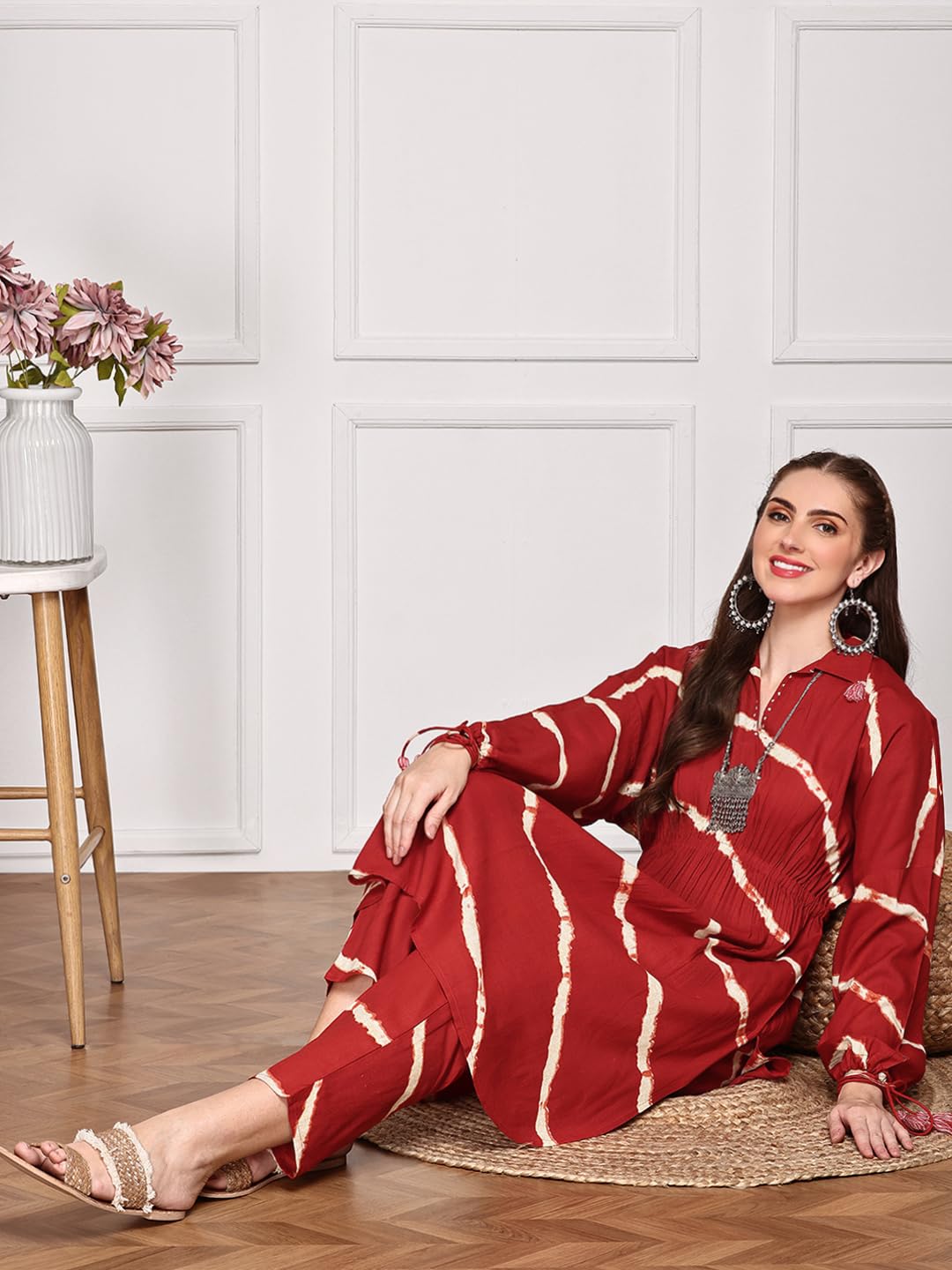 Ishin Women Red 2 Pcs Set (Kurta With Bottom)