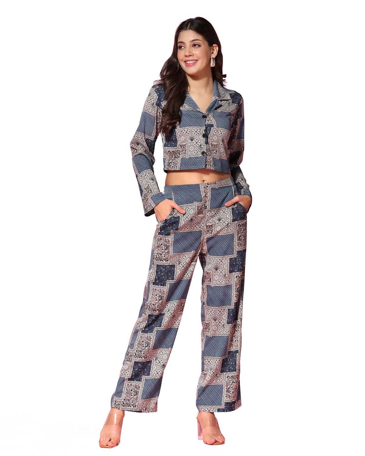 Tagdo WomenS Co-Ords Printed Dress Set (Shirt-Pair-5149-Blue-Xxl)
