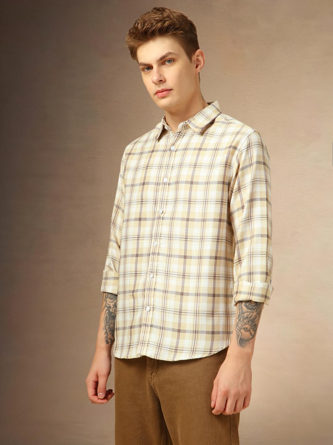 Dennis Lingo Men Relaxed Fit Cotton Full Sleeves Checks Casual Shirts Beige
