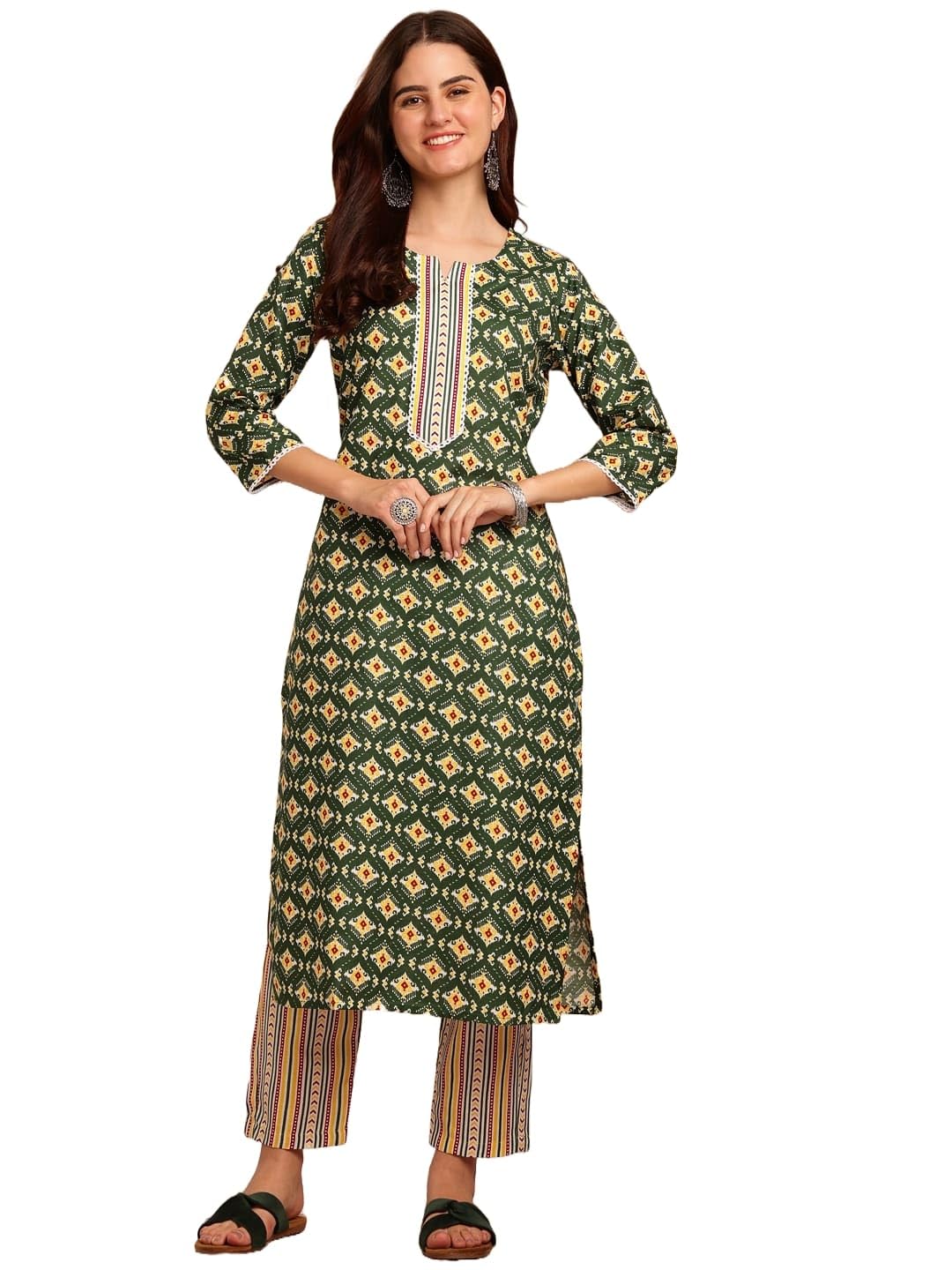 Kurta Set: Radiate Style And Sophistication! Elevate Your Look With Our Cotton Blend Printed Kurti Pant Sets! Green