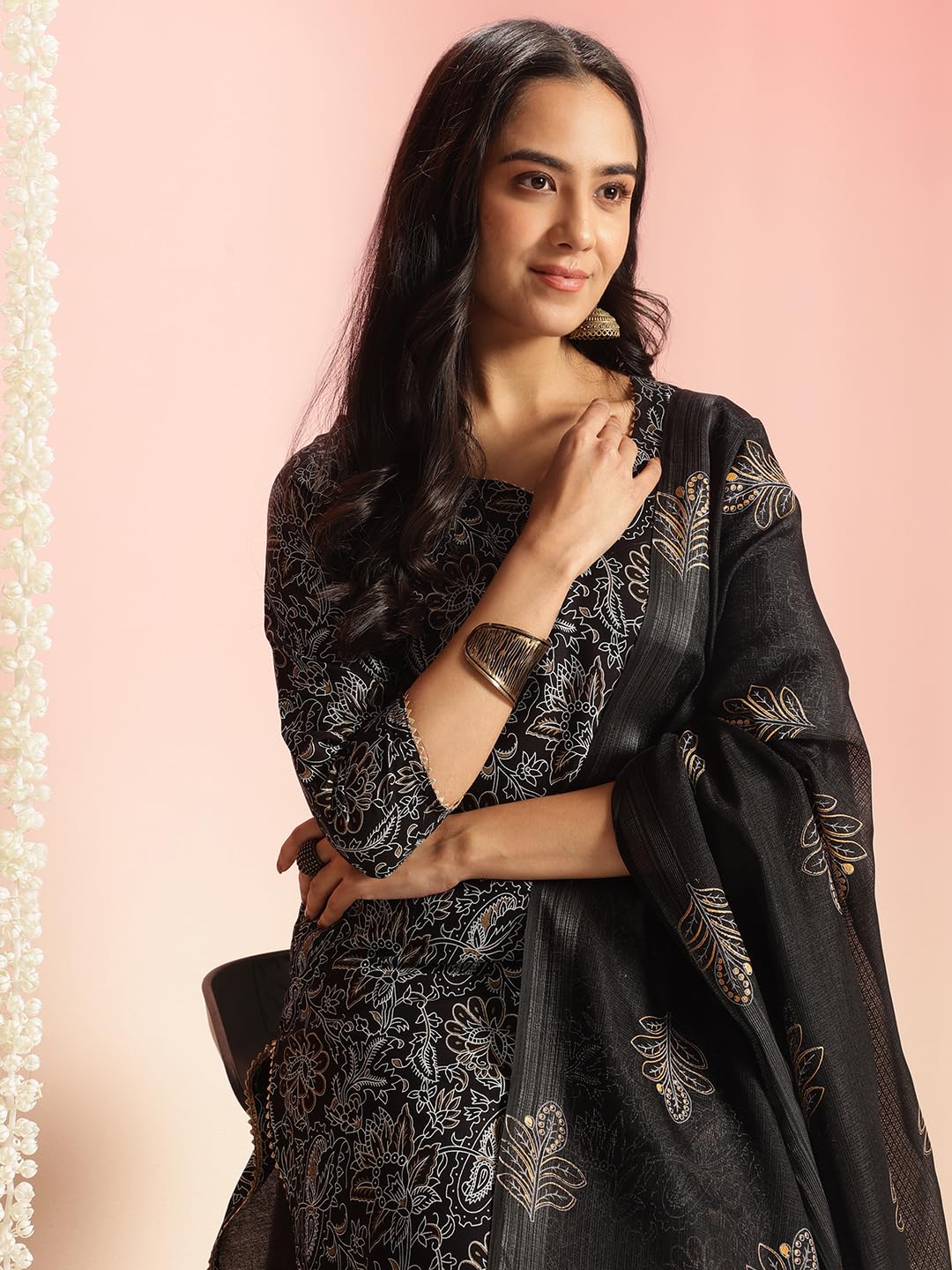 ANNI DESIGNER Women's Viscose Rayon Printed Kurta Set with Sharara & Dupatta, Large, Black, Model NIRANJANA BLACK-VKS01