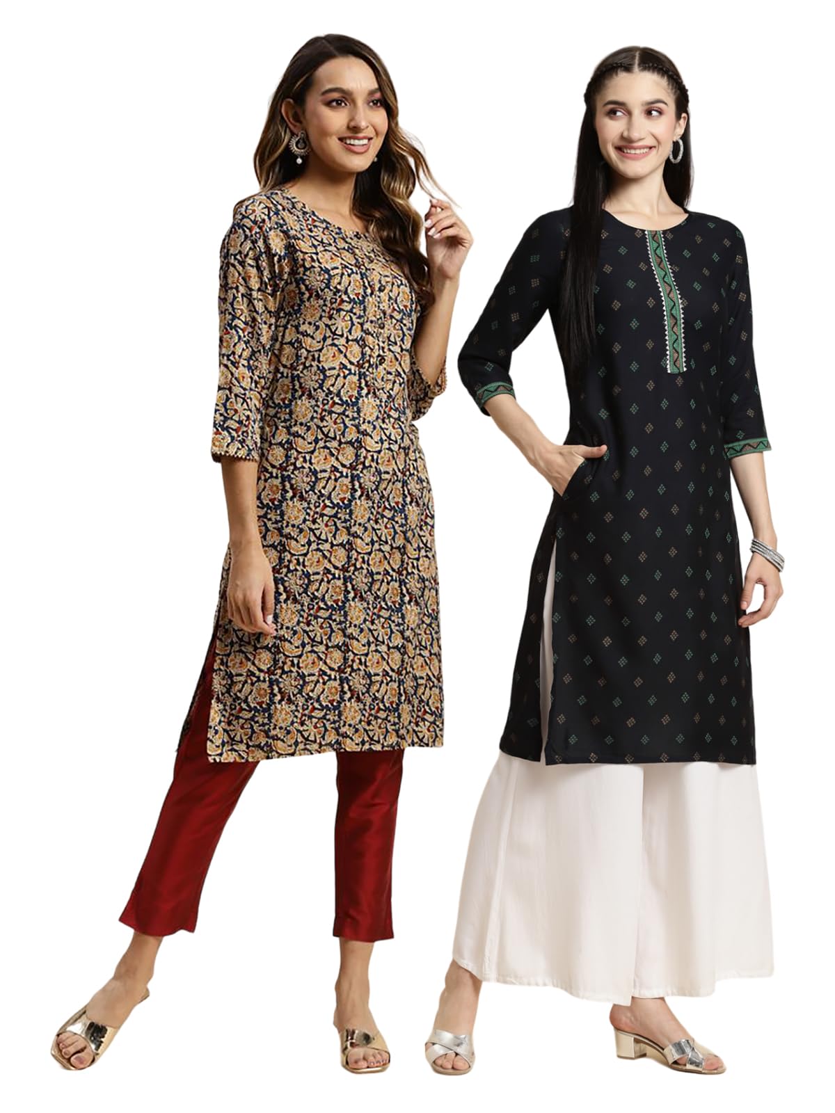 rangita Women Rayon Floral Printed Knee Length Straight Kurti (Pack of 2)