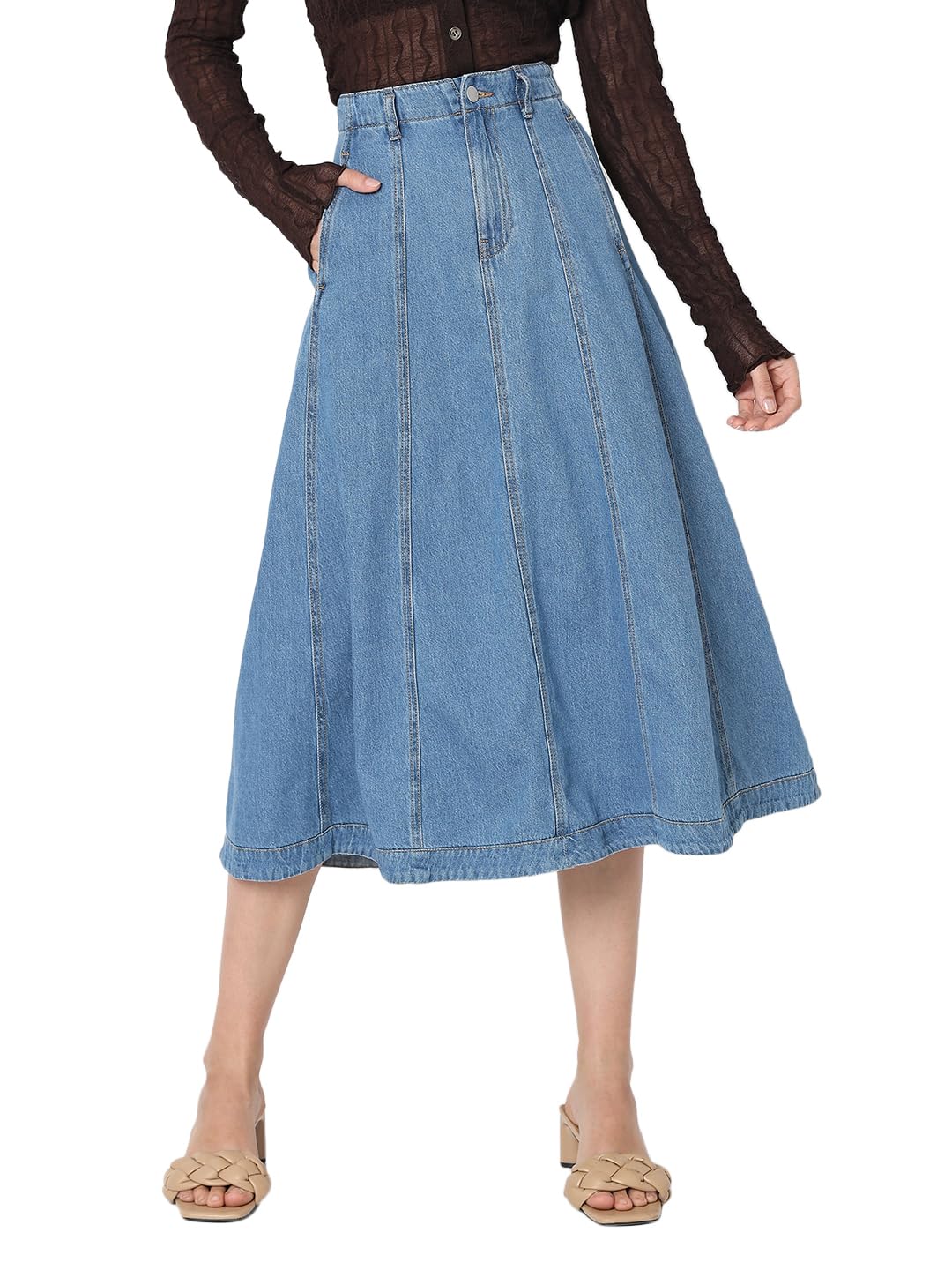 Vero Moda Women Solid Blue Cotton A-Line High Rise Midi Length Skirt