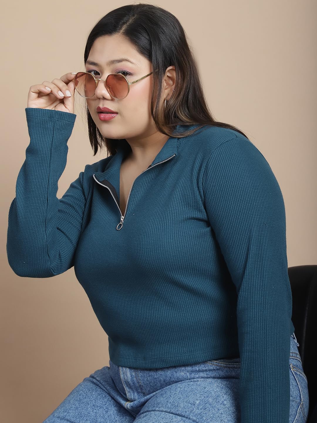 Rigo Womens Waffle High Neck Top (WTOP355-1395PLS_Teal Green