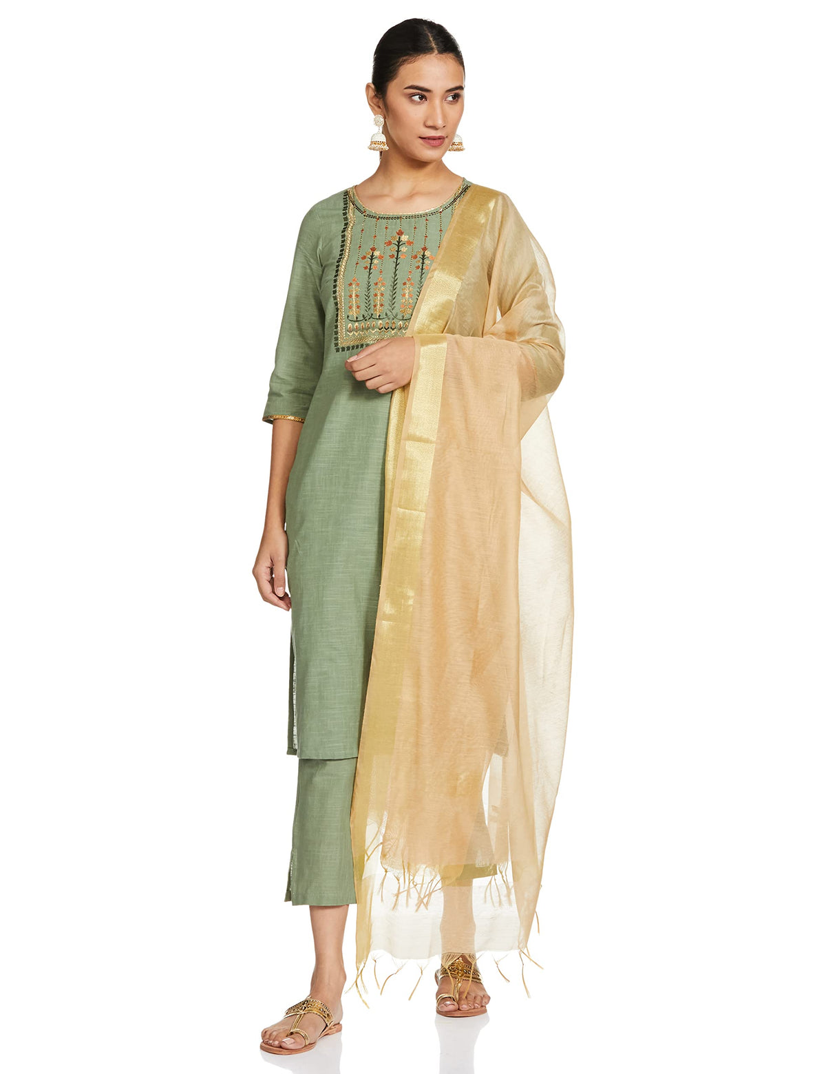 Aurelia Womens Cotton Green Solid Round Neck Straight Kurta Set