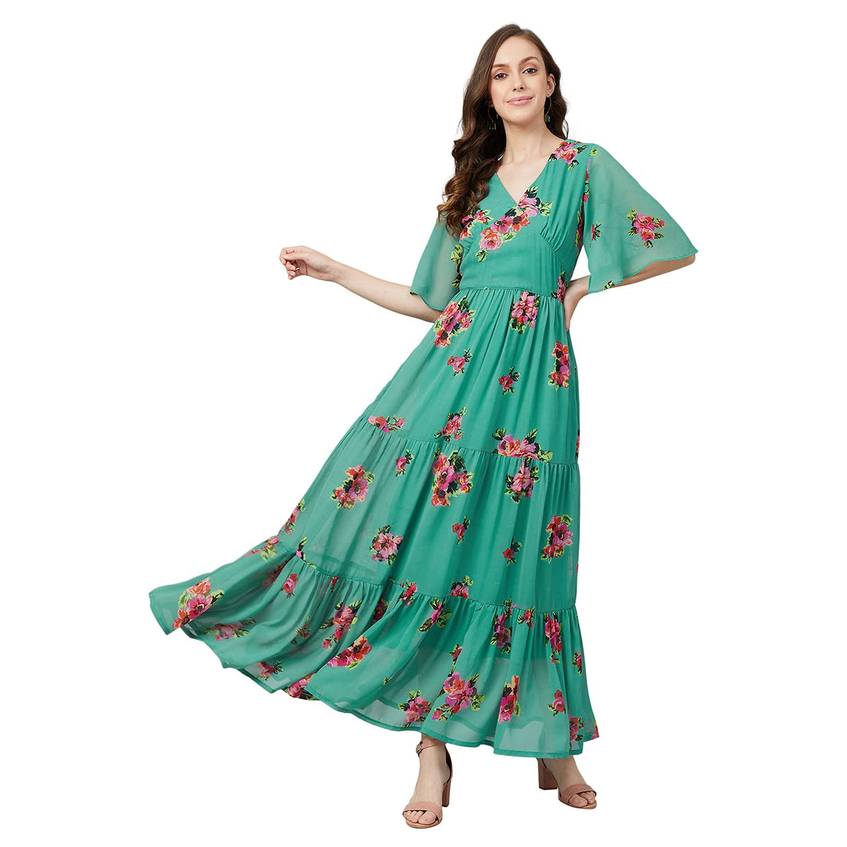 Rare WomenS Georgette Fit And Flare Maxi Casual Dress (Ep6216_Green_X-Large)