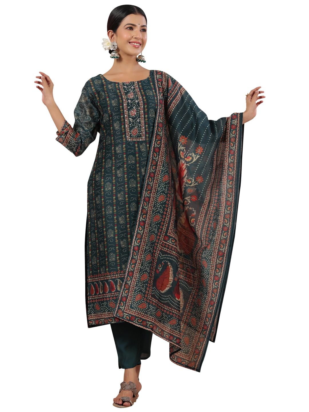 Ishin WomenS Green Ethnic Motifs Printed Poly Silk Straight Kurta With Trousers & Dupatta