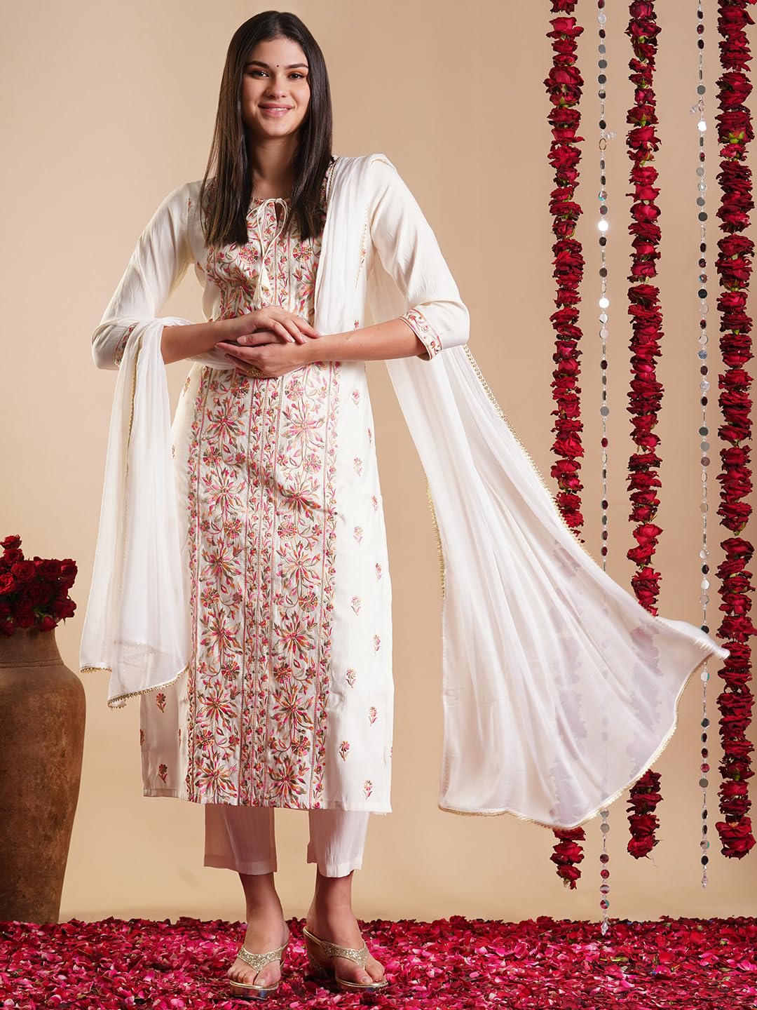 ANNI DESIGNER Women's Rayon Blend Staright Embroidered Kurta with Pant & Dupatta