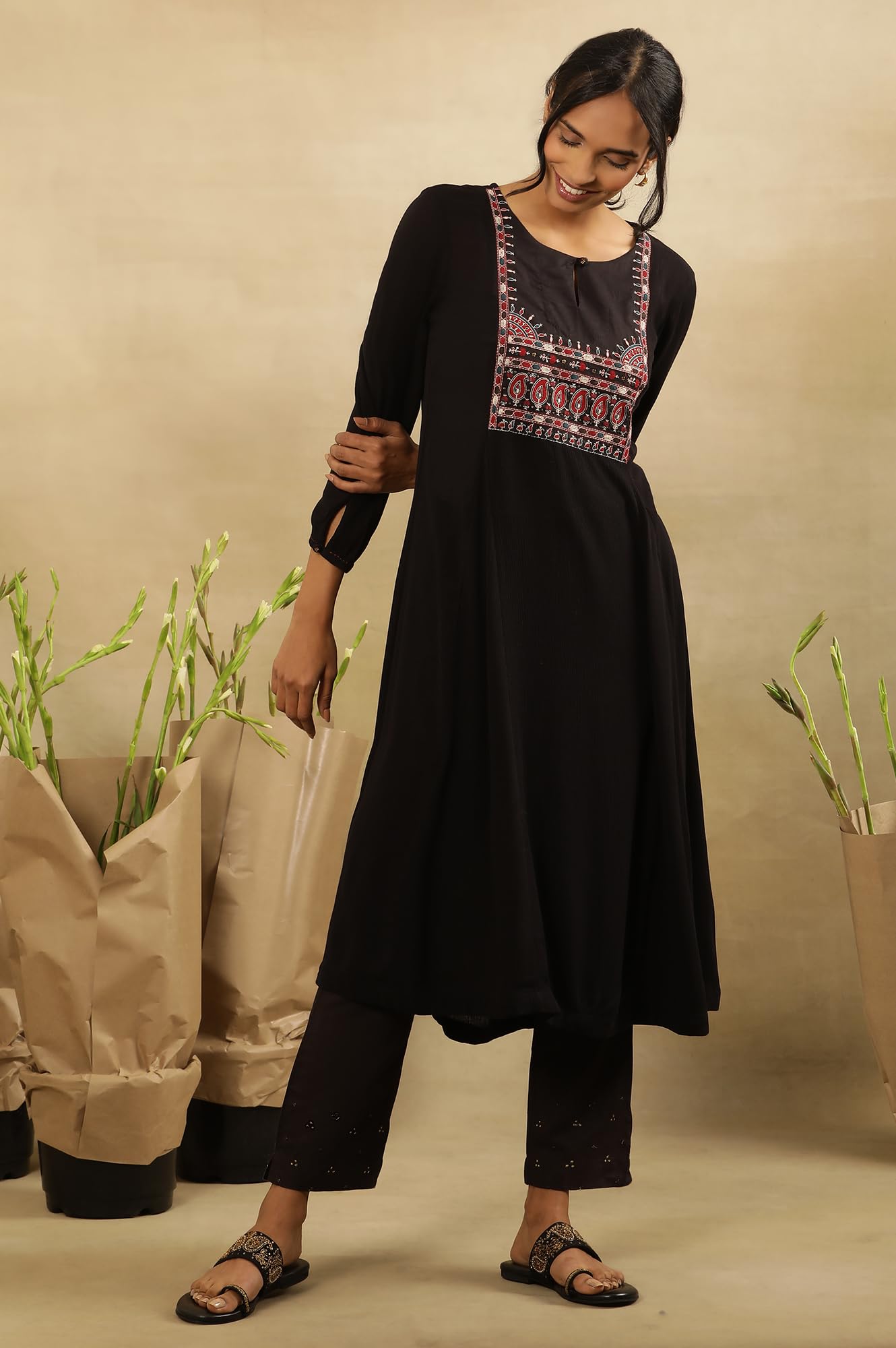 Folksong by W Women Black Festive Solid Viscose A-Line Kurta