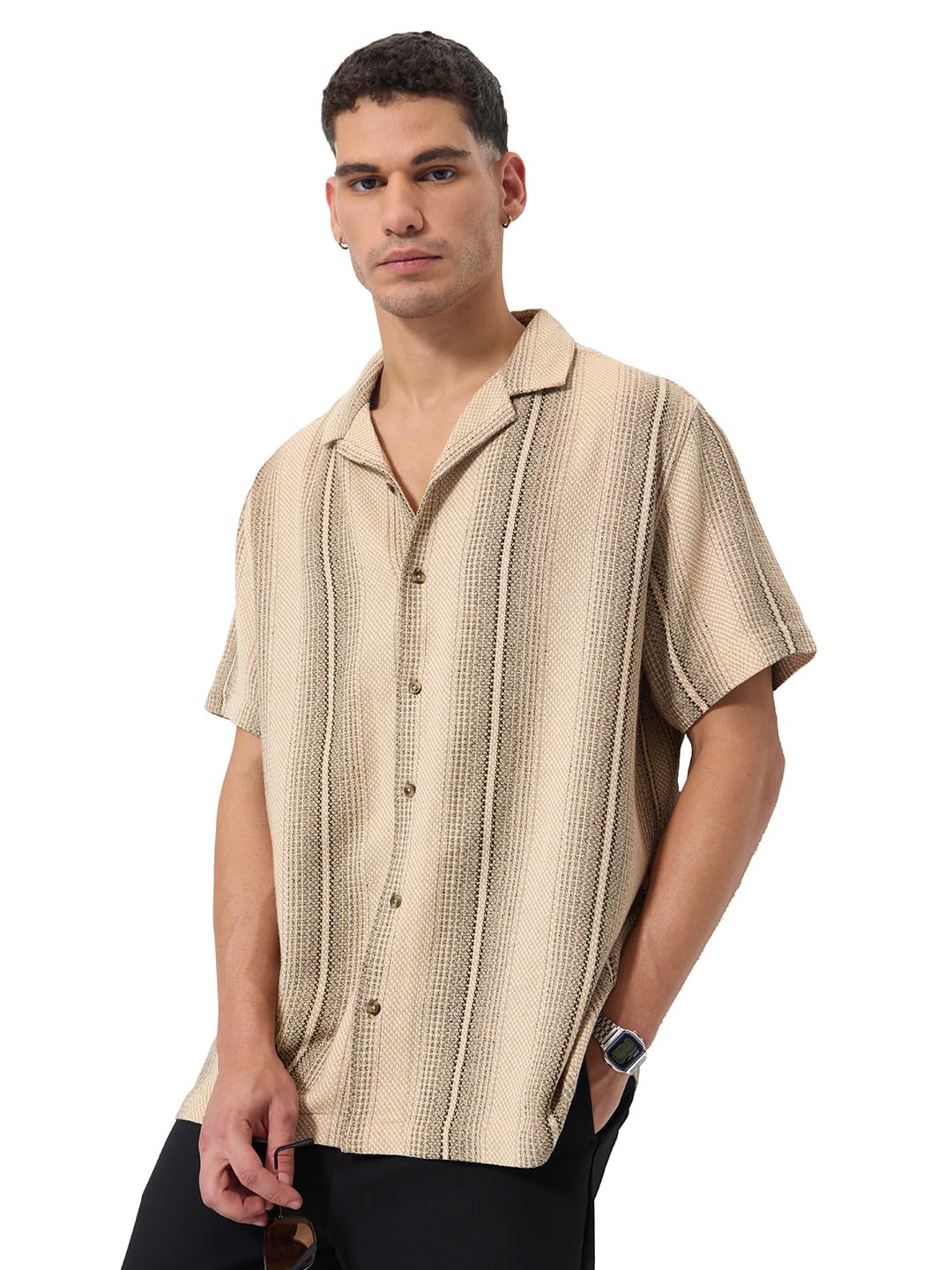 The Souled Store Balance Men and Boys Short Sleeves Collared Neck Button Front Striped Regular Fit Cotton Textured Shirts