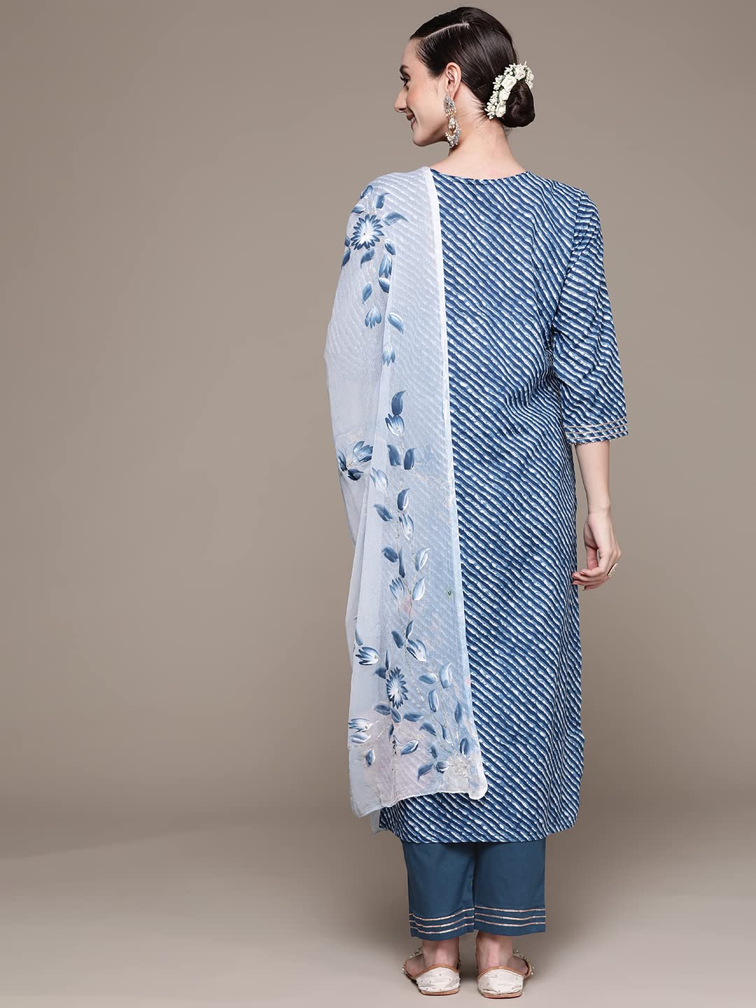 ishin Women's Cotton Blue Embroidered A-Line Kurta set with Trouser & Dupatta