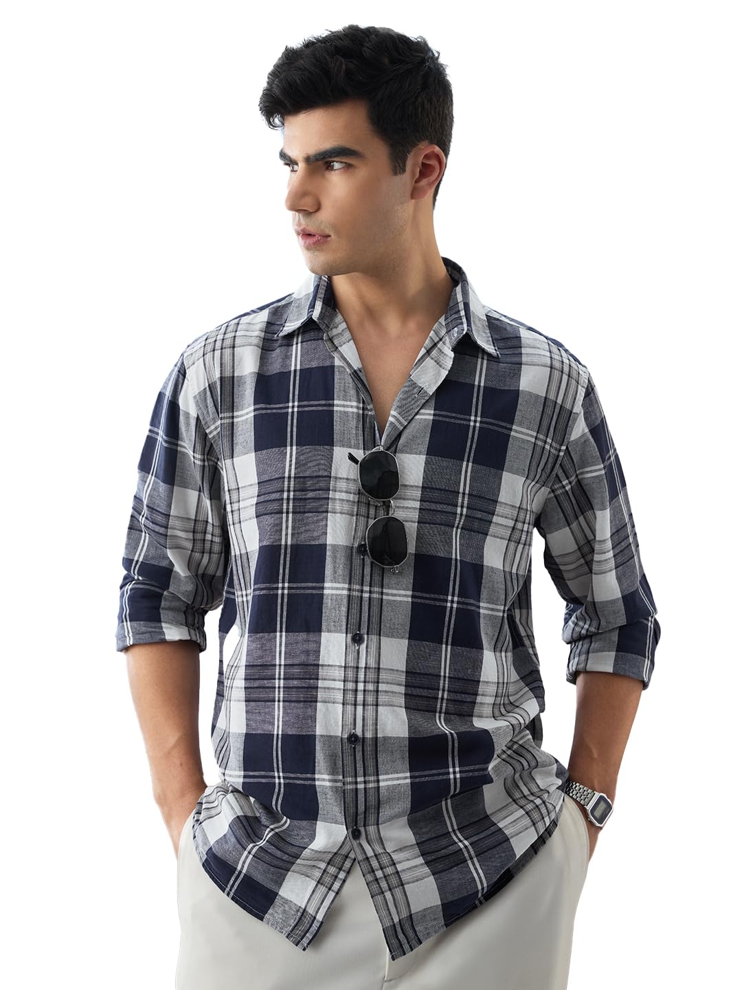 The Souled Store CottonLinen Checks: Riviera Men and Boys Long Sleeves Collareed Neck Button Front Checked Regular Fit Lightweig