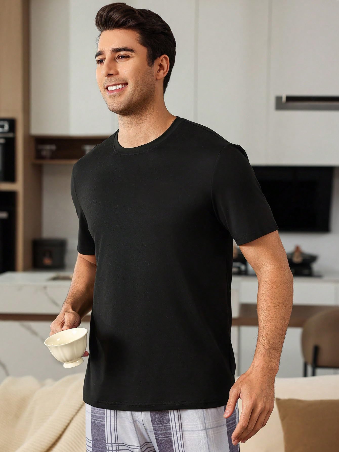 Shasmi Mens Black Rich Solid Round Neck Half Sleeve Plain Regular Fit Cotton T-Shirt l Comfortable and Versatile Fashion Tee, T