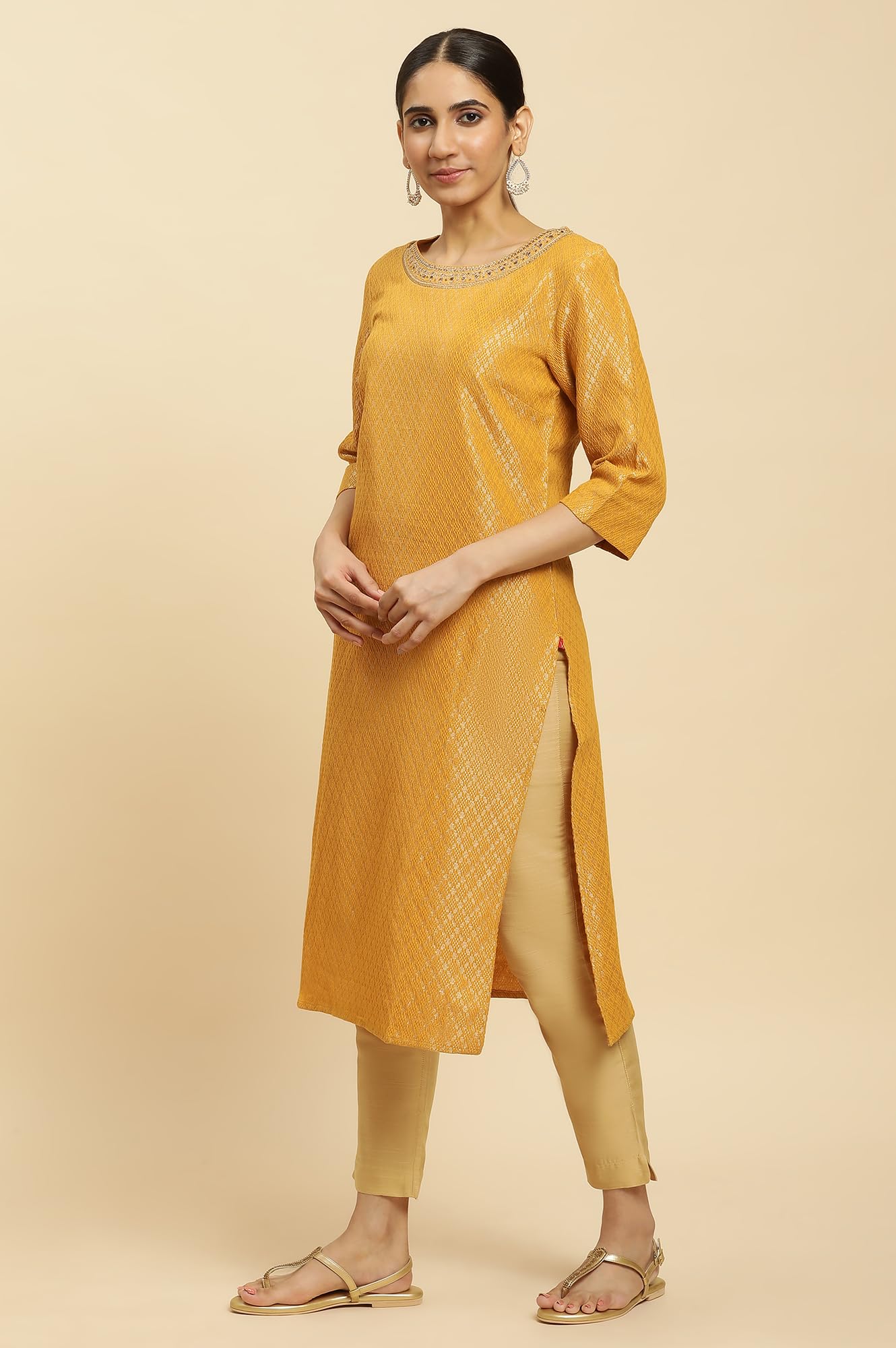 W For Woman WomenS Cotton Blend Solid Regular Kurta (23Auw12748-313367_Yellow