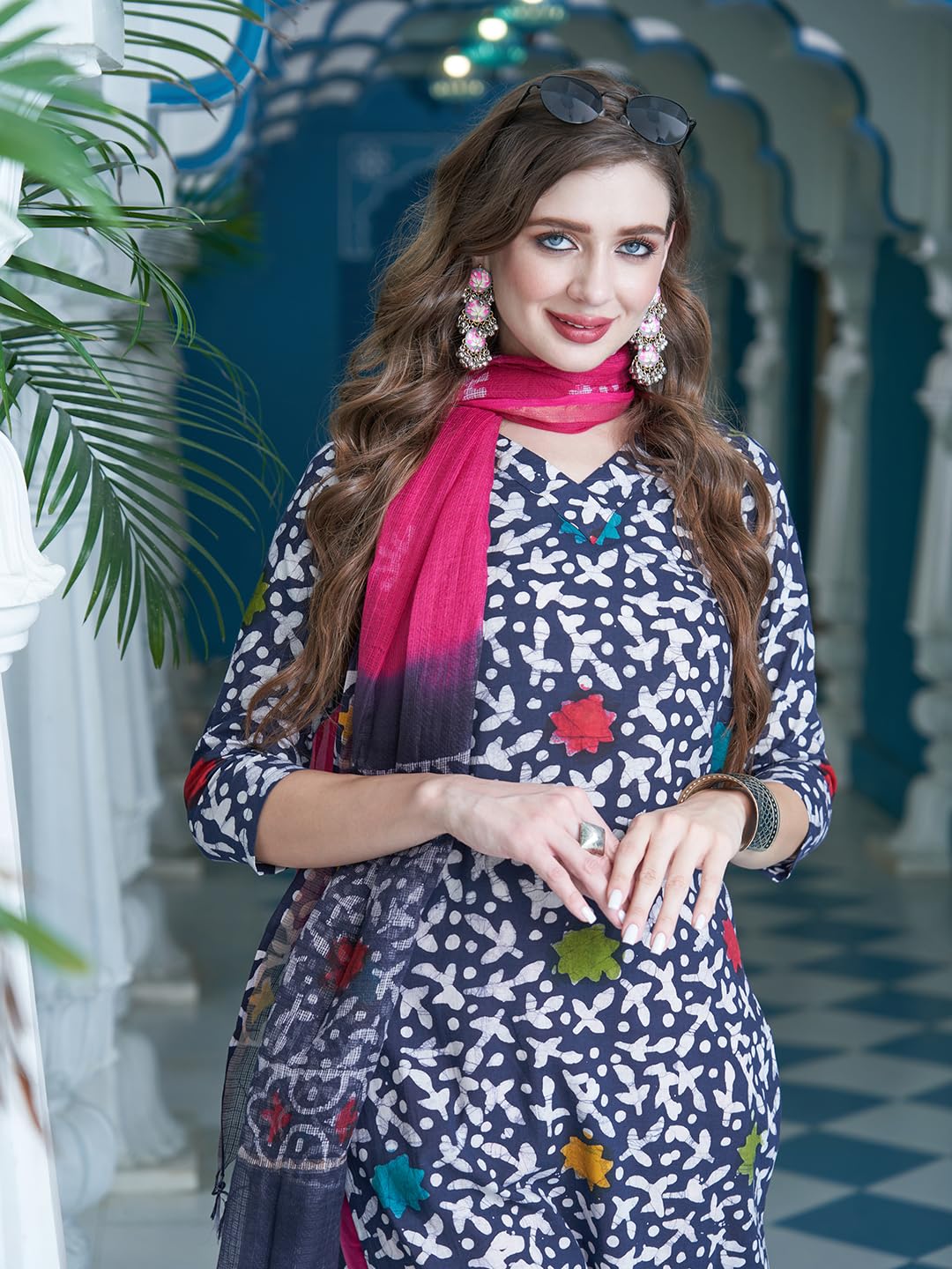ANNI DESIGNER Ladies Cotton Blend Straight Print Trousers Dupatta Kurta (Tingu Blue_S_Blue_Small)