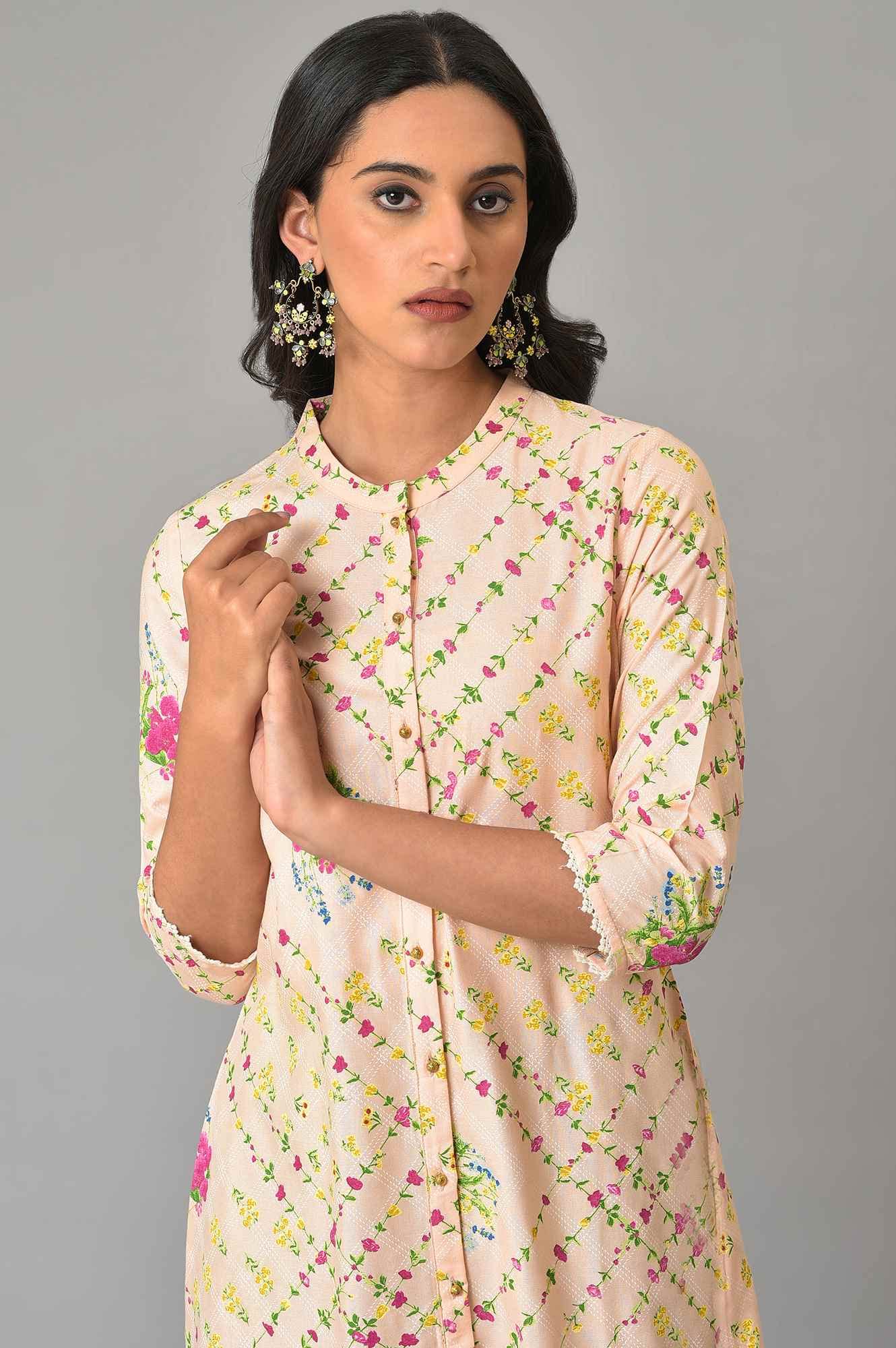 W Light Orange Floral Printed Straight Long Lace Kurta For Women