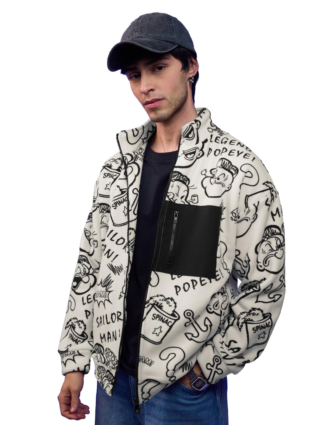 The Souled Store Official Popeye: Sailor Style Long Sleeve Collared Neck Button Front Denim Jackets for Men and Boys - Classic a
