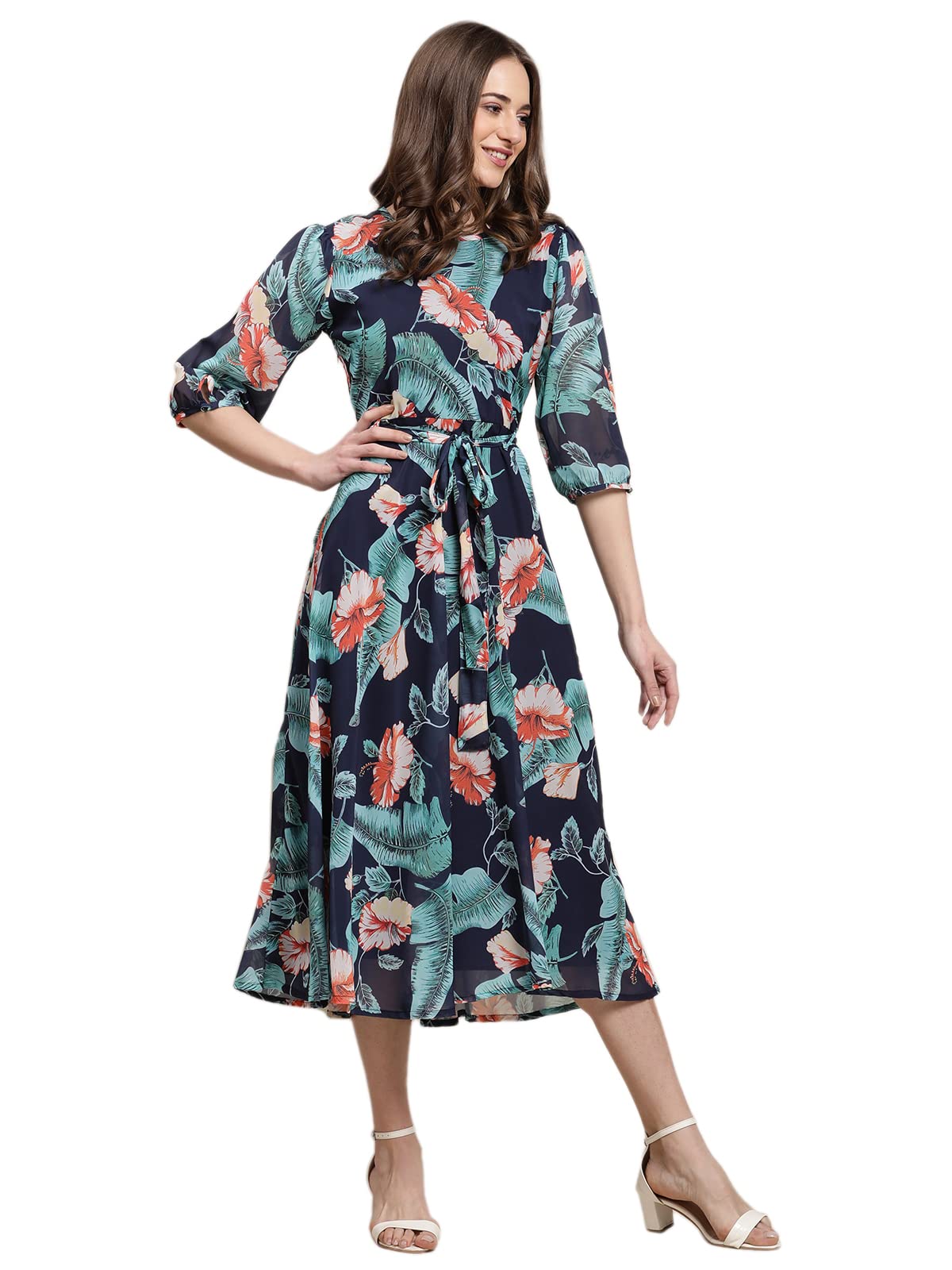 Preneum Womens Maxi Fit & Flare Latest Style Print Georgette Regular Sleeves Casual Summer Maxi Dress || Festival & Occasion, N