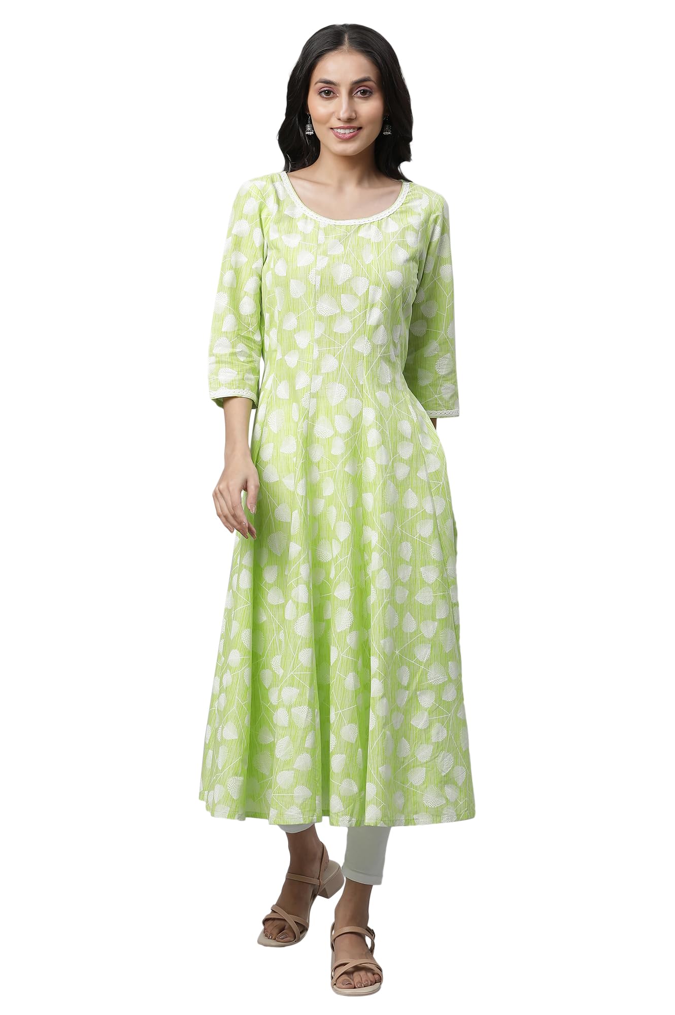 Aurelia Women's Green Leaf Print Cotton Anarkali Kurta