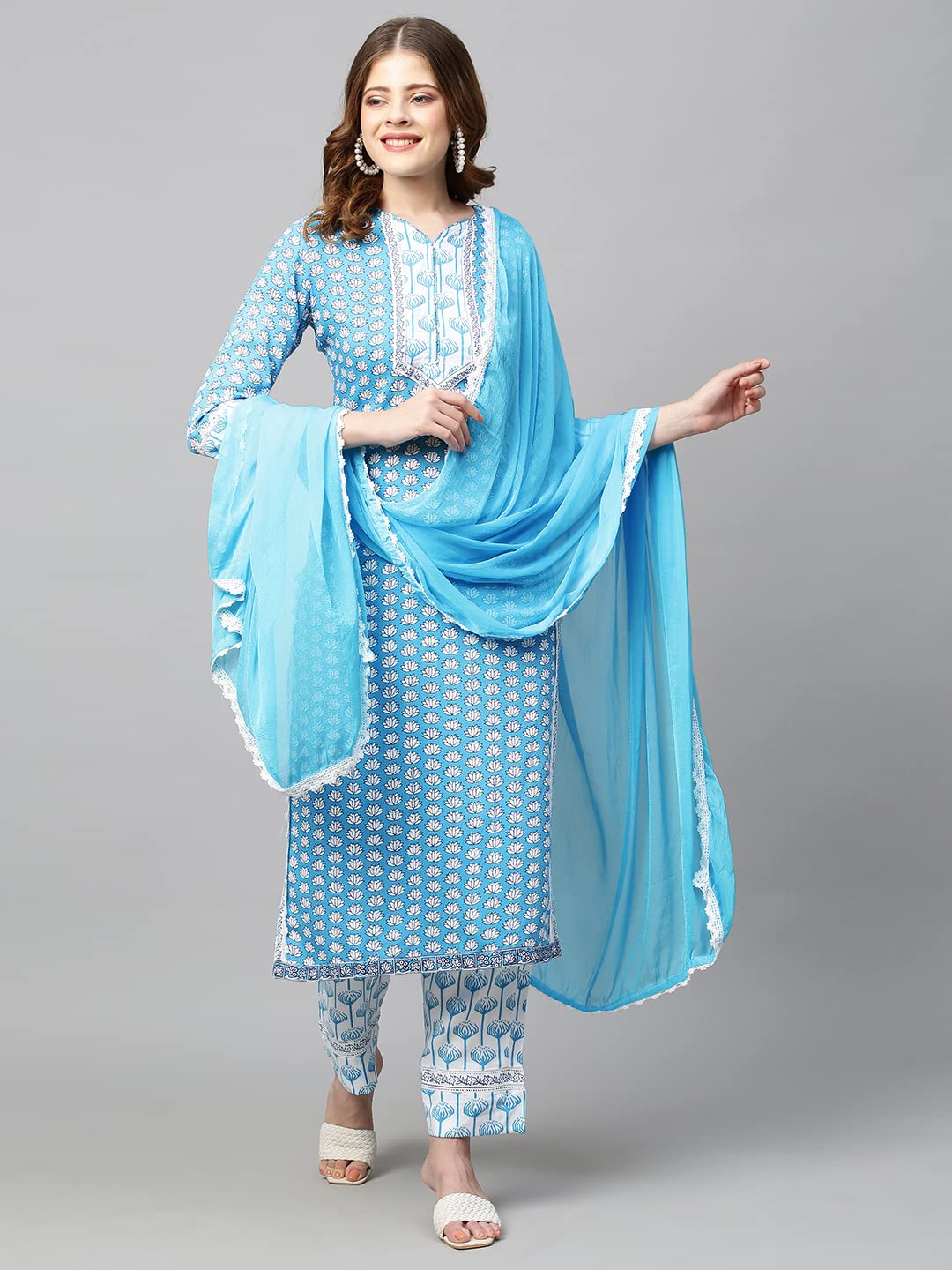 ANNI DESIGNER Women's Cotton Blend Straight Printed Kurta with Pant & Dupatta (Sky Bird New)