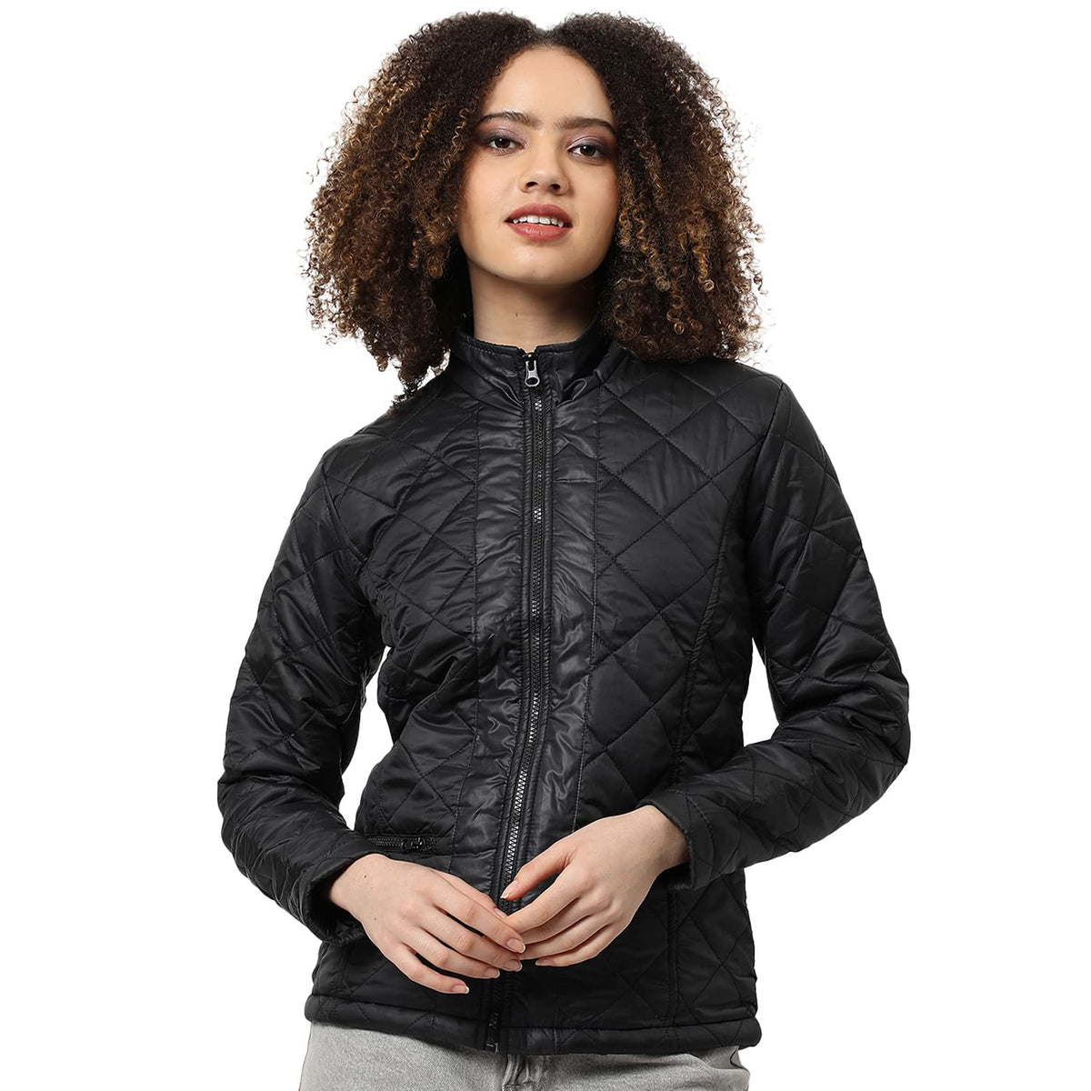 Campus Sutra Women Black Quilted Regular Fit Bomber Jacket For Winter Wear | Standing Collar | Full Sleeve | Zipper | Casual Jac