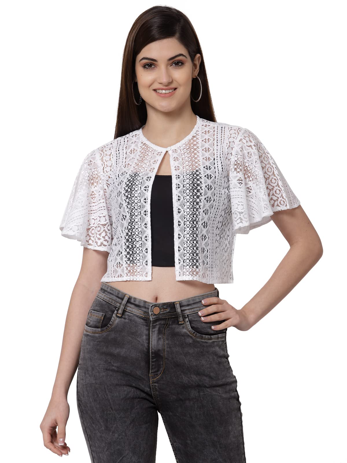Style Quotient Women Off White Self Design Lace Open Front Smart Casual Shrug