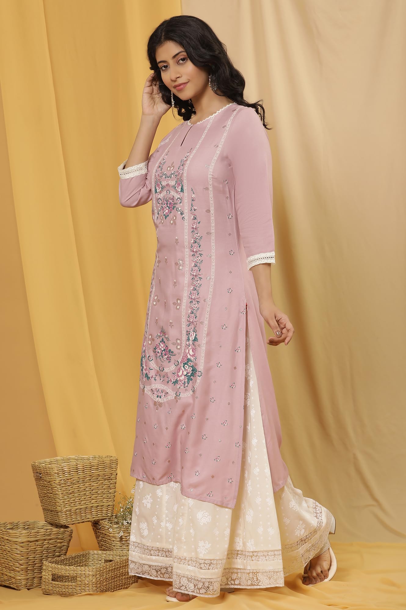 W for Woman W Women Purple Festive Floral Print Viscose Kurta Set With Divided Skirt