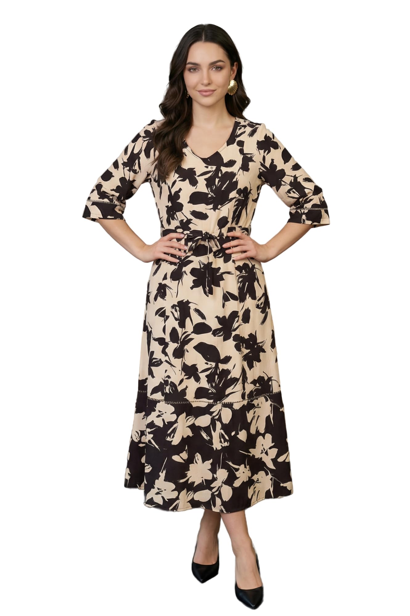 Aurelia WomenS Beige Floral Printed Flared Western Dress - (A16322-510127-Xs)