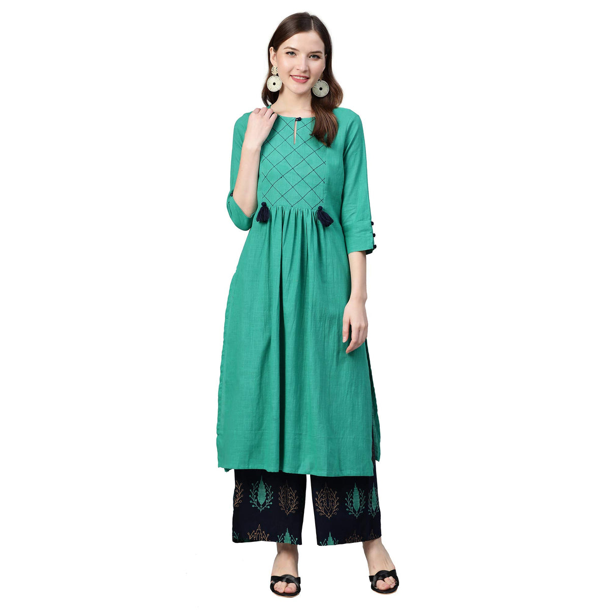 idaLia Navy Blue & Rama Green Ethnic Kurta Set for Women 3/4 Sleeve, Round Neck Cotton A-line Solid Kurta with Palazzo Pant Set