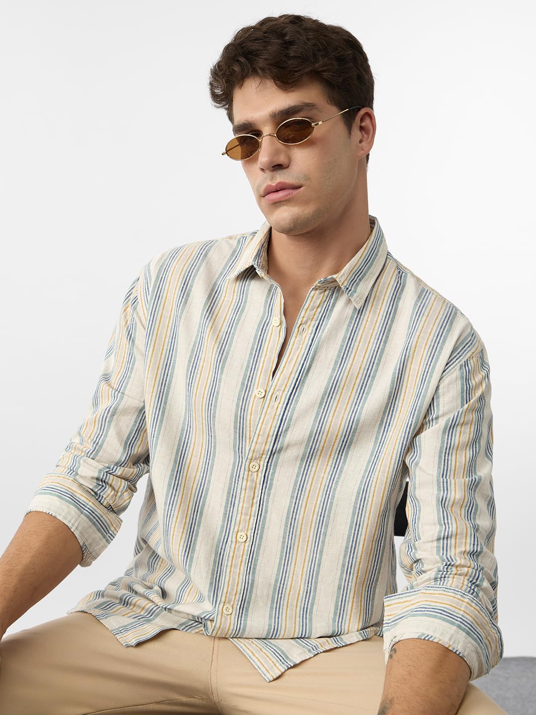 The Souled Store Cotton Linen Stripes: Sundown Men and Boys Long Sleeve Collared Neck Button Front Multicolor Stripes Regular Fi