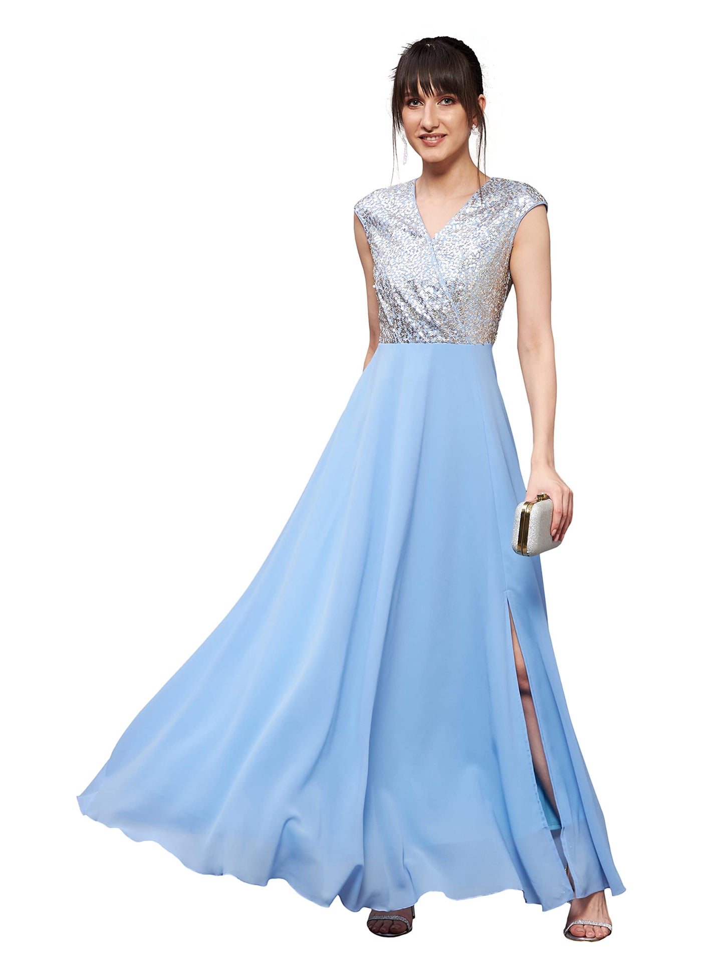 Miss Chase WomenS Sky Blue & Golden V-Neck Sleeveless Embellished Wrap Maxi Dress (Mcss20D06-10-273-06, Sky Blue & Golden, Xl)