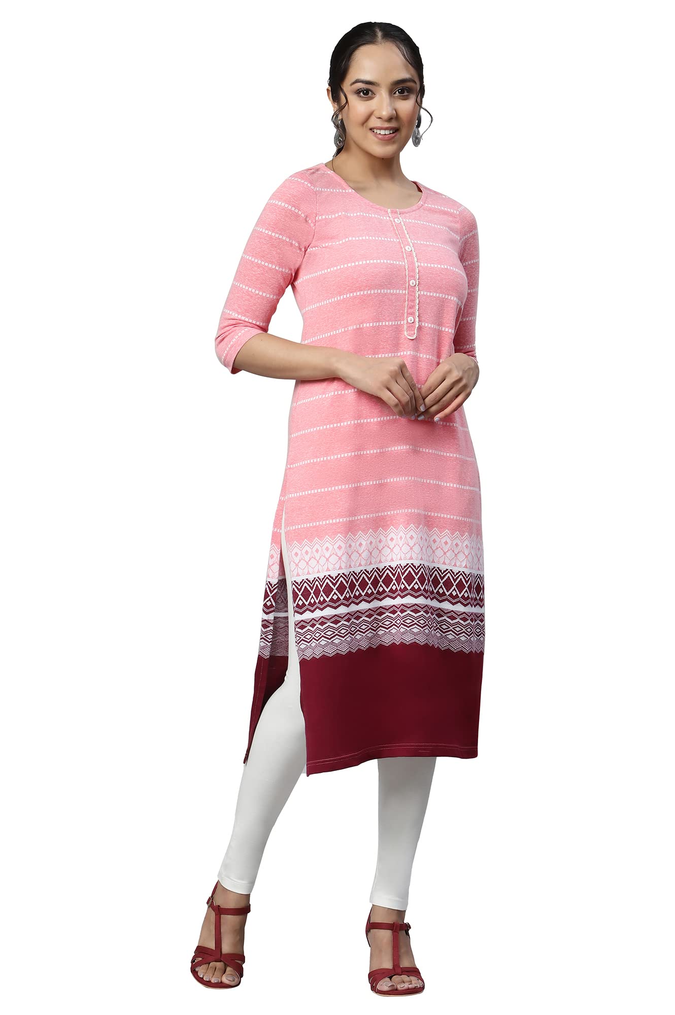 Aurelia Women Peach Cotton Blend Geometric Jacquard Straight Kurta_22AUA13346-703544_S